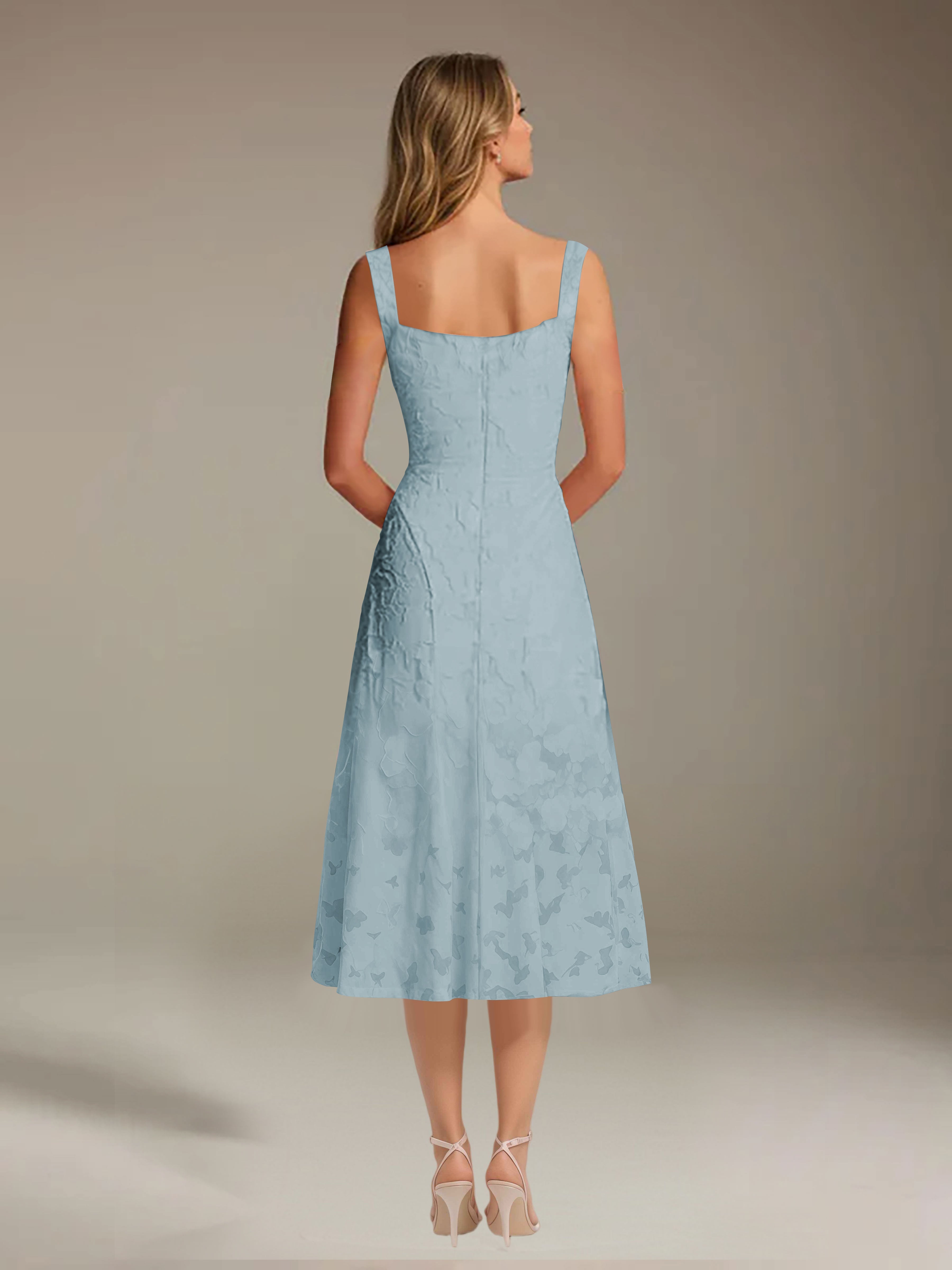 Vestido de encaje floreado de longitud media – línea A con escote cuadrado sin mangas, vestido formal para invitada de boda