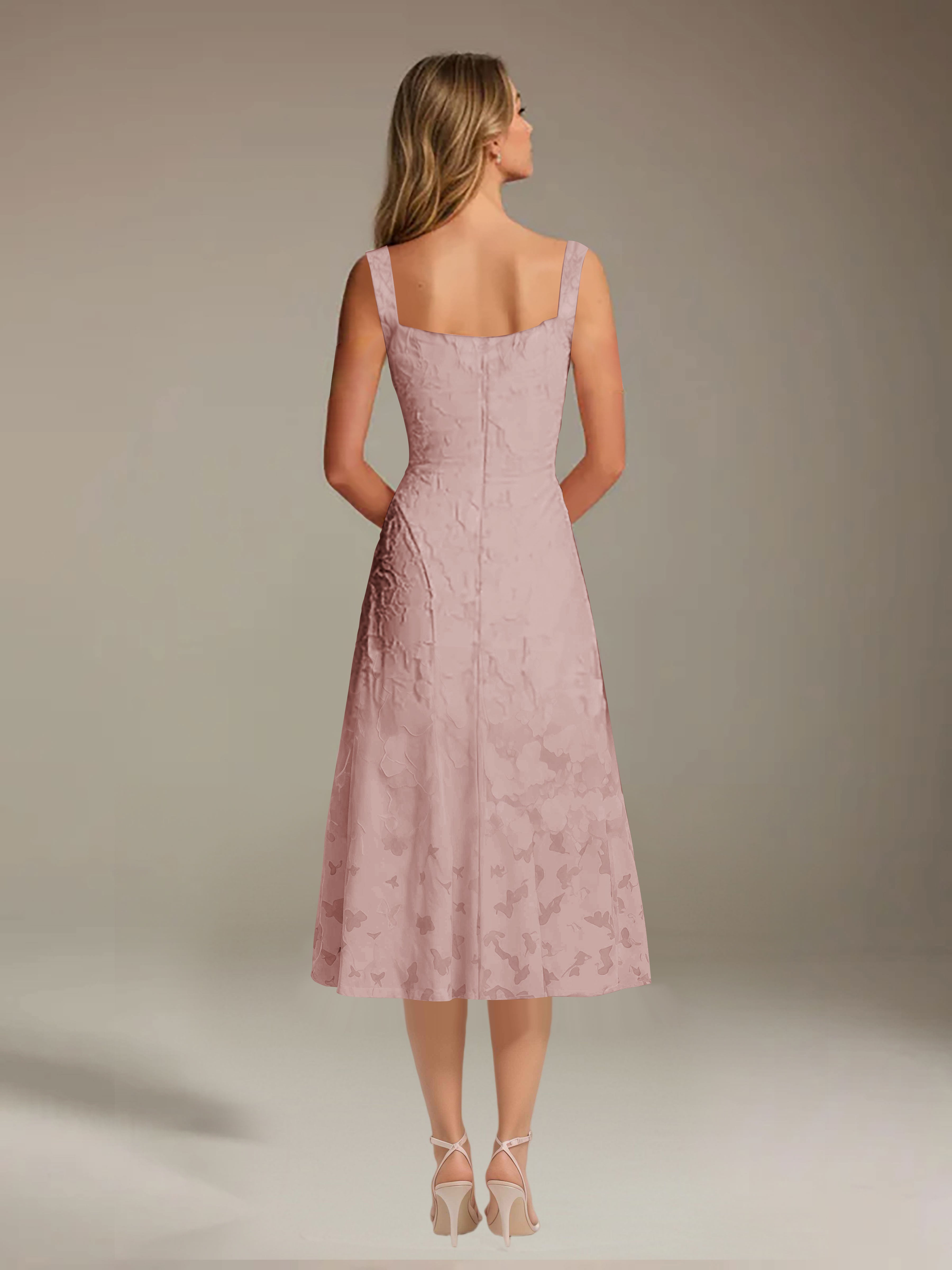 Vestido de encaje floreado de longitud media – línea A con escote cuadrado sin mangas, vestido formal para invitada de boda
