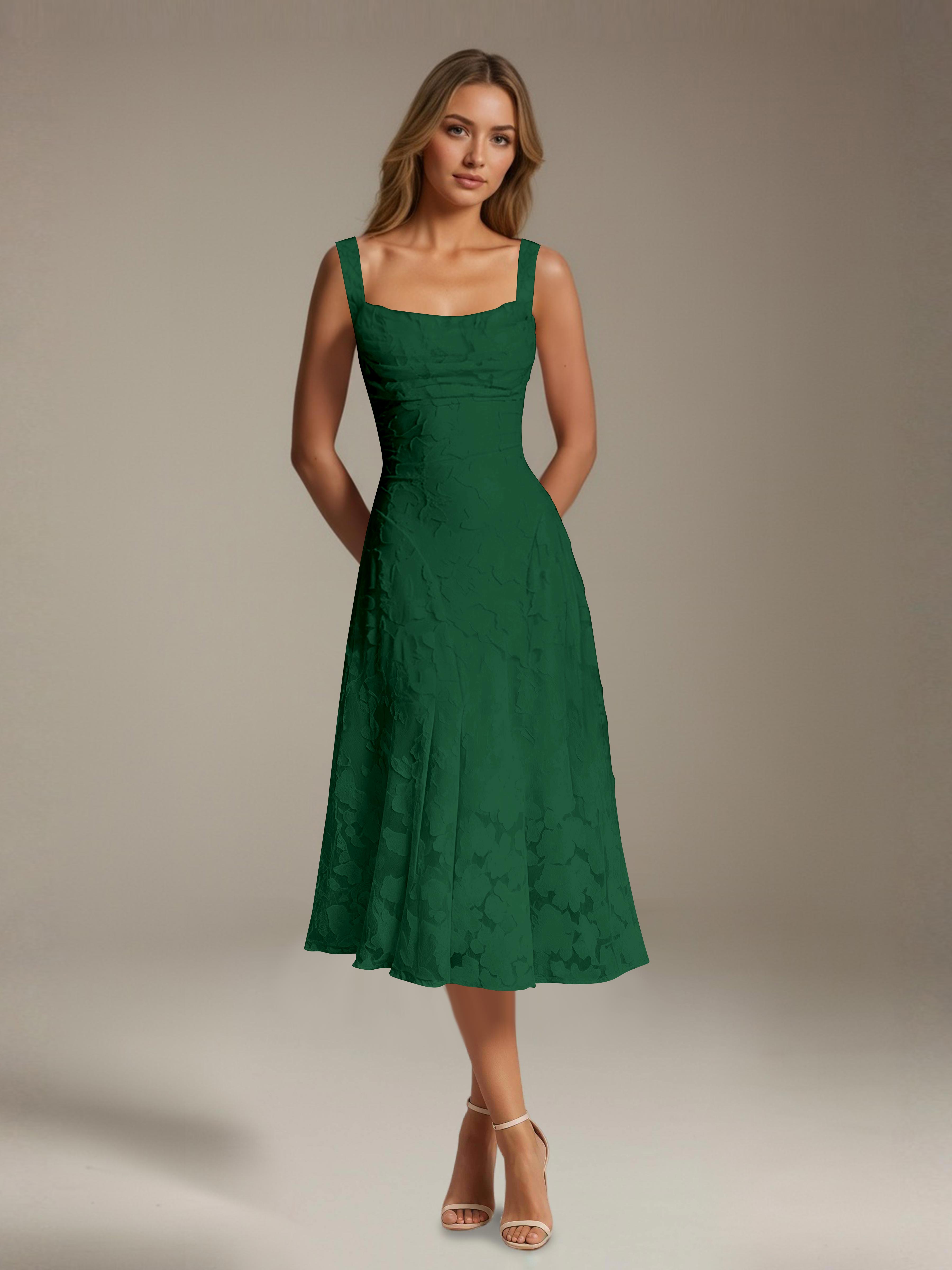 Vestido de encaje floreado de longitud media – línea A con escote cuadrado sin mangas, vestido formal para invitada de boda