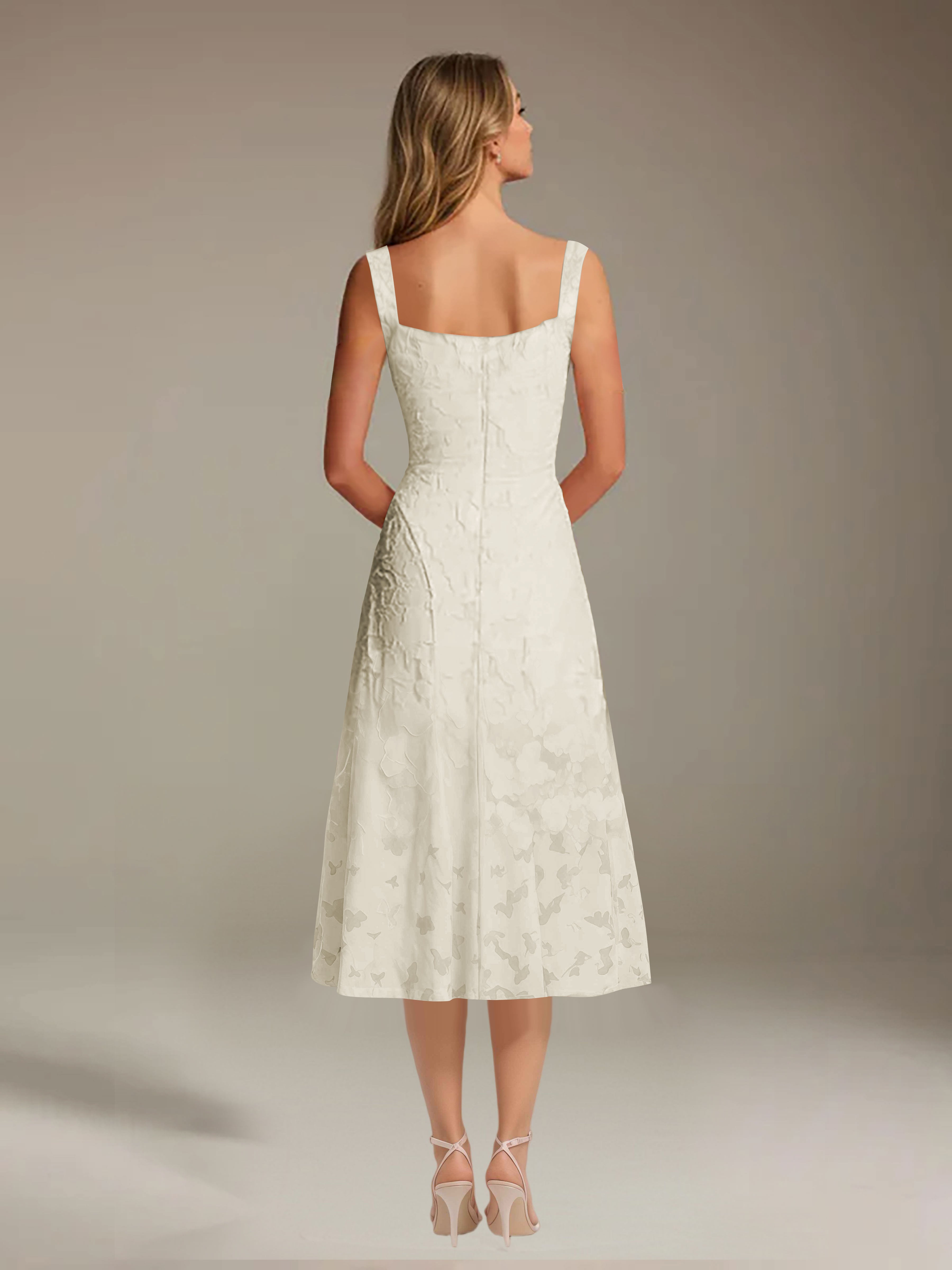 Vestido de encaje floreado de longitud media – línea A con escote cuadrado sin mangas, vestido formal para invitada de boda