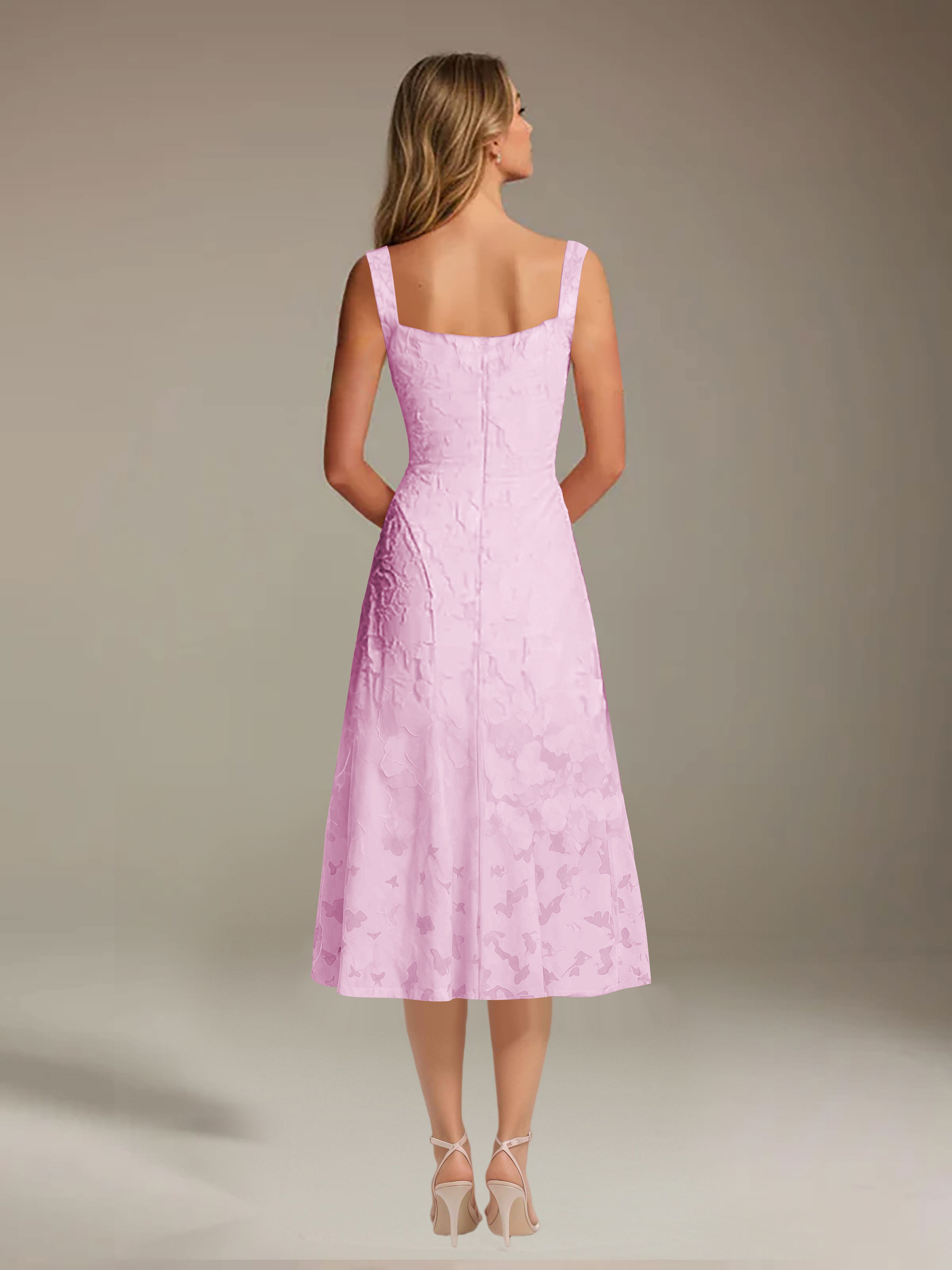 Vestido de encaje floreado de longitud media – línea A con escote cuadrado sin mangas, vestido formal para invitada de boda