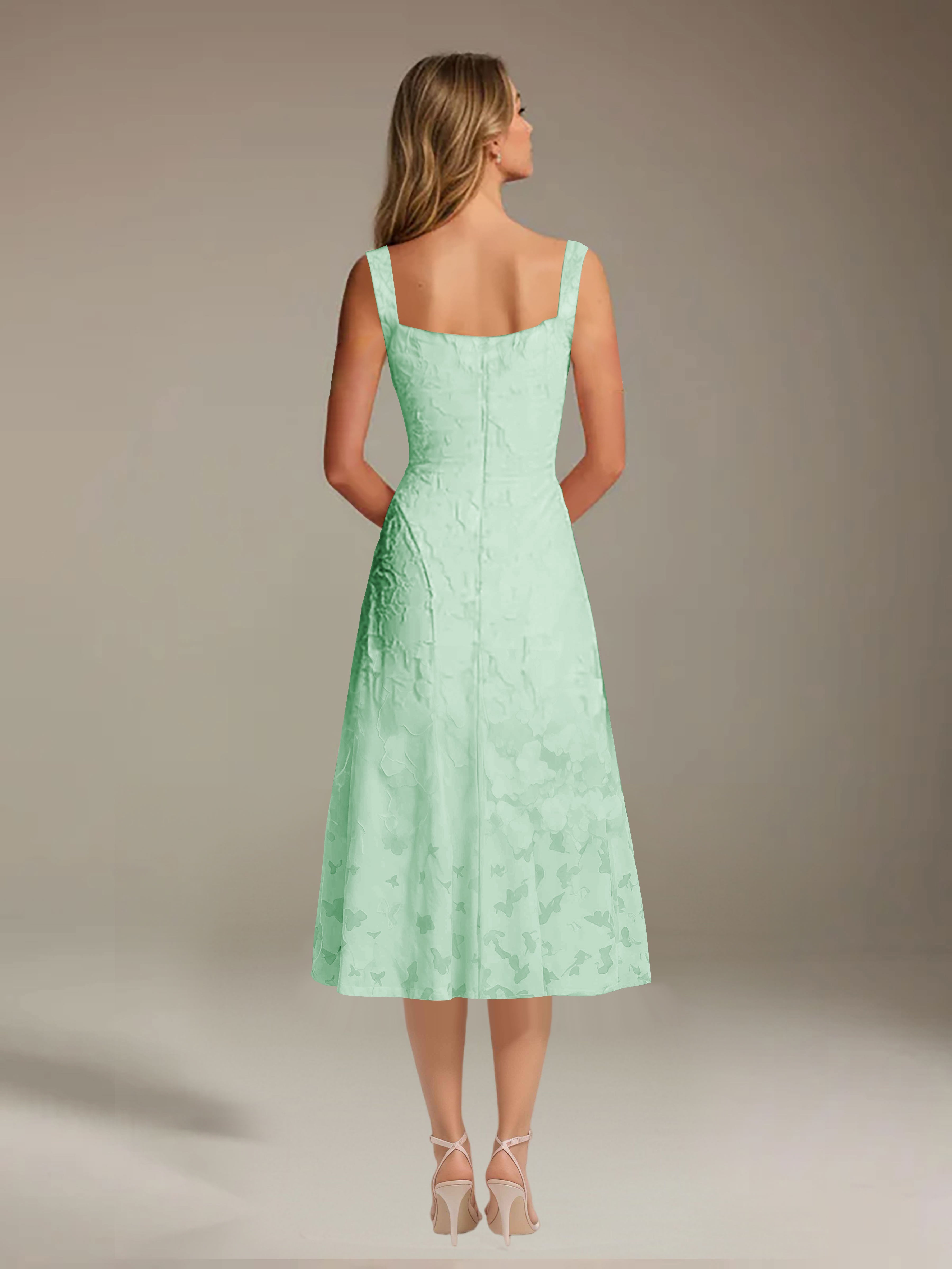 Vestido de encaje floreado de longitud media – línea A con escote cuadrado sin mangas, vestido formal para invitada de boda