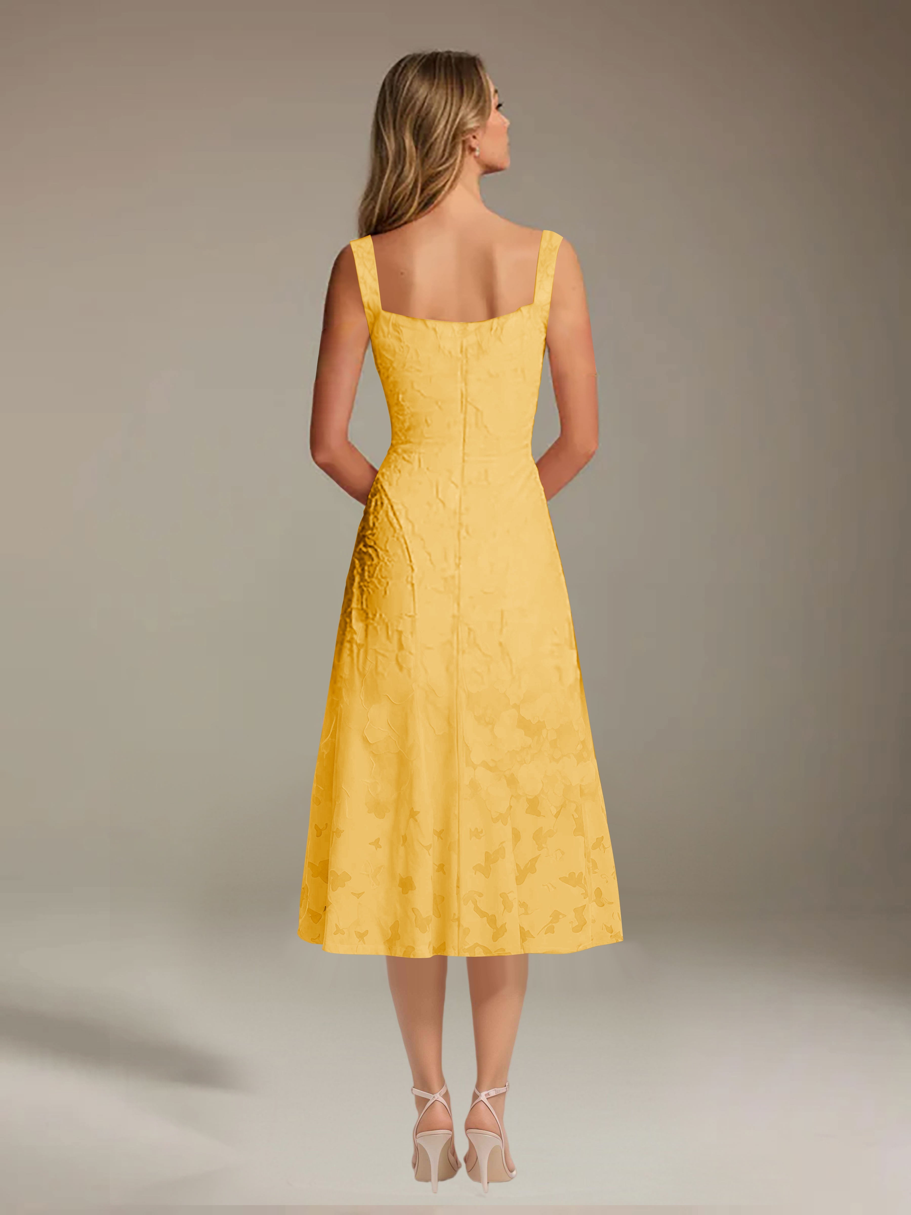 Vestido de encaje floreado de longitud media – línea A con escote cuadrado sin mangas, vestido formal para invitada de boda