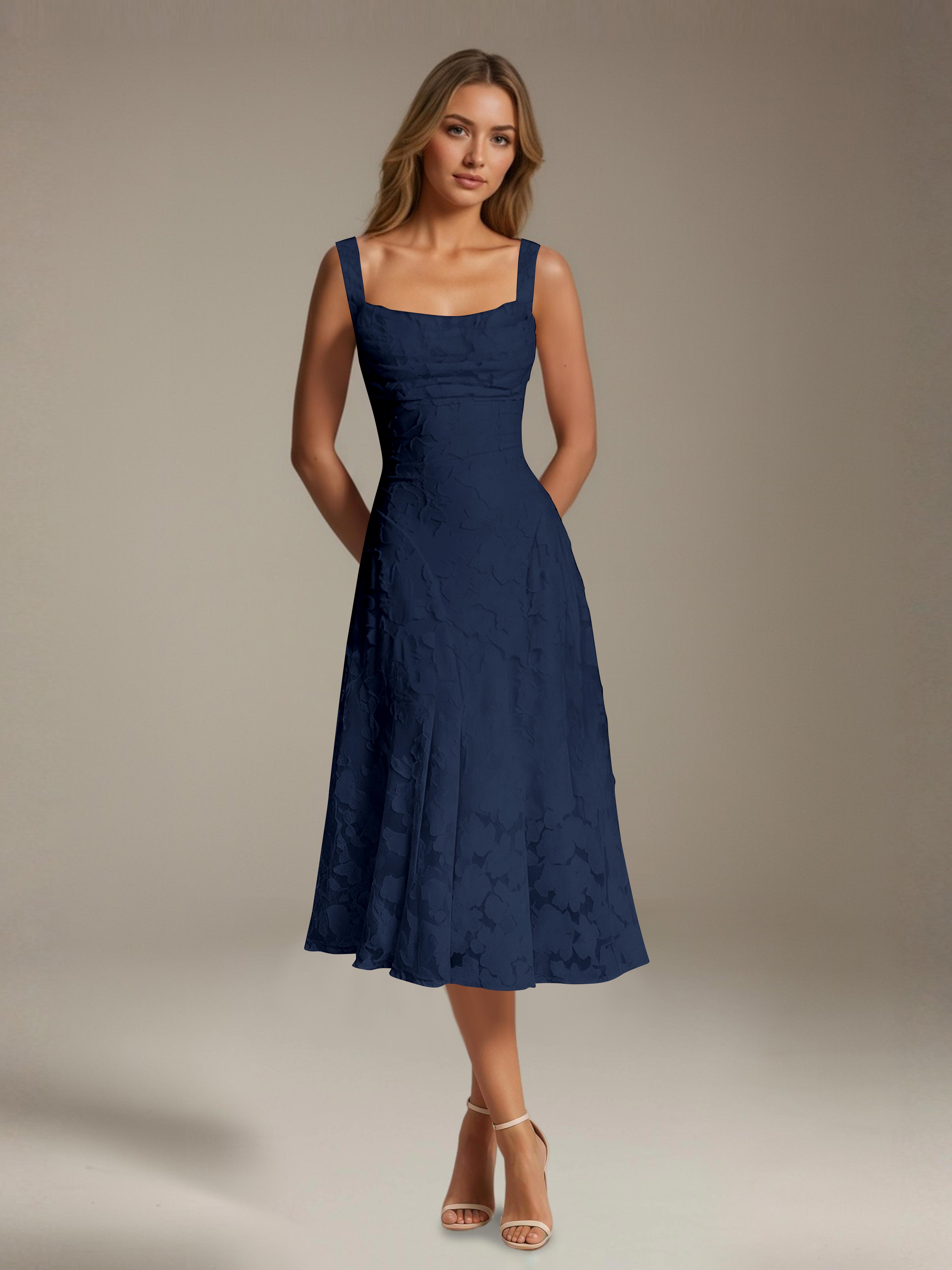 Vestido de encaje floreado de longitud media – línea A con escote cuadrado sin mangas, vestido formal para invitada de boda