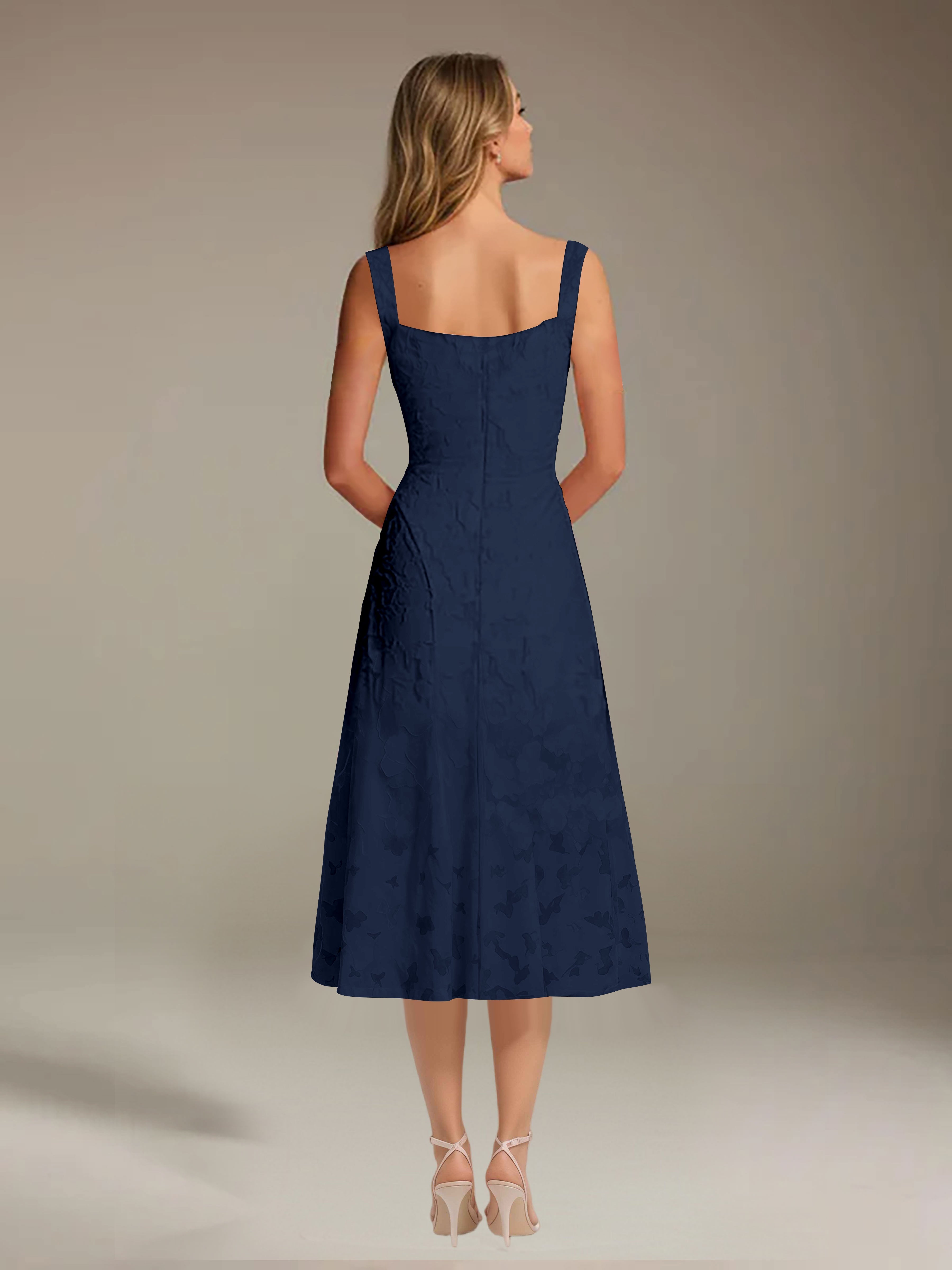 Vestido de encaje floreado de longitud media – línea A con escote cuadrado sin mangas, vestido formal para invitada de boda