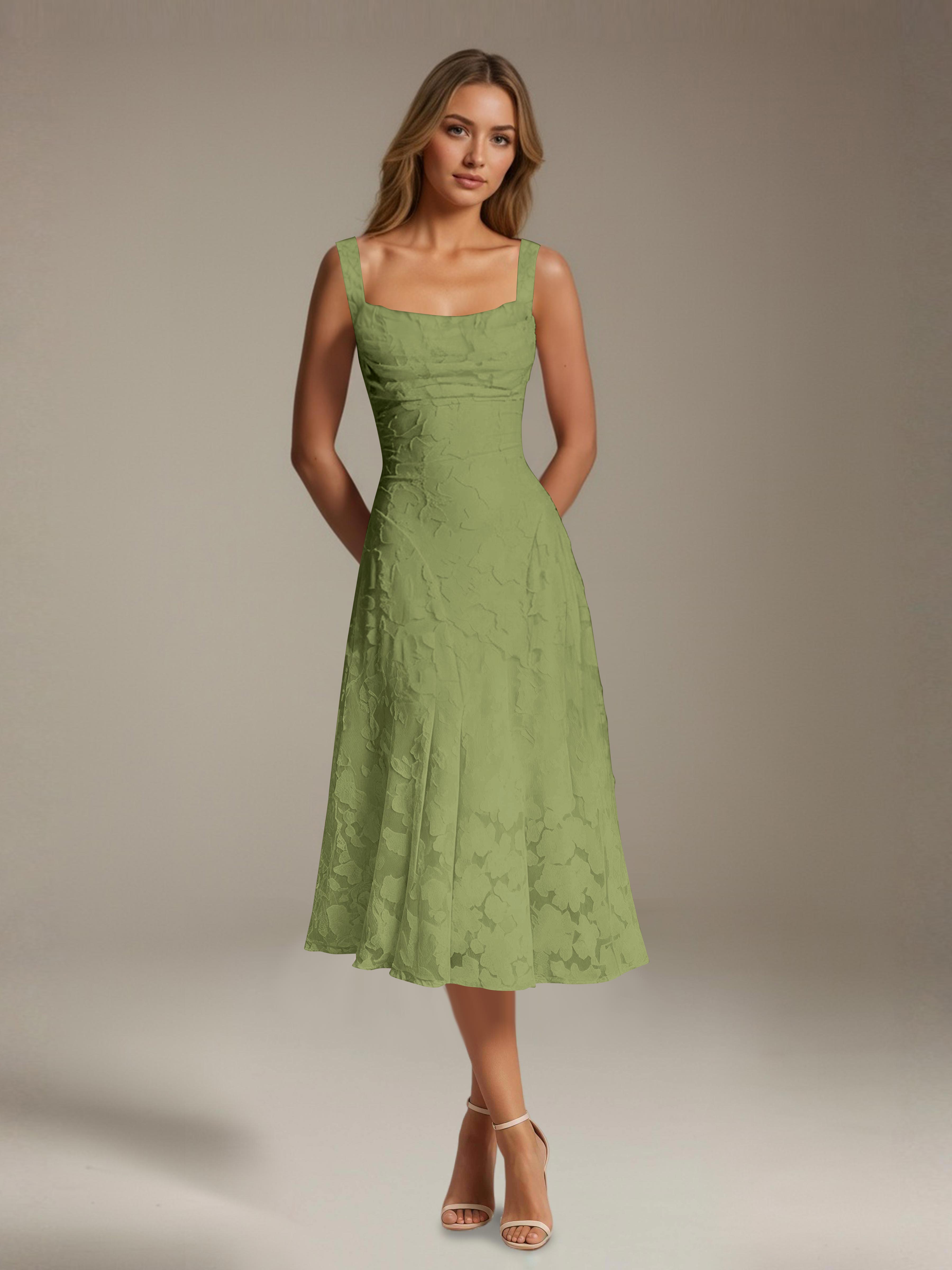 Vestido de encaje floreado de longitud media – línea A con escote cuadrado sin mangas, vestido formal para invitada de boda