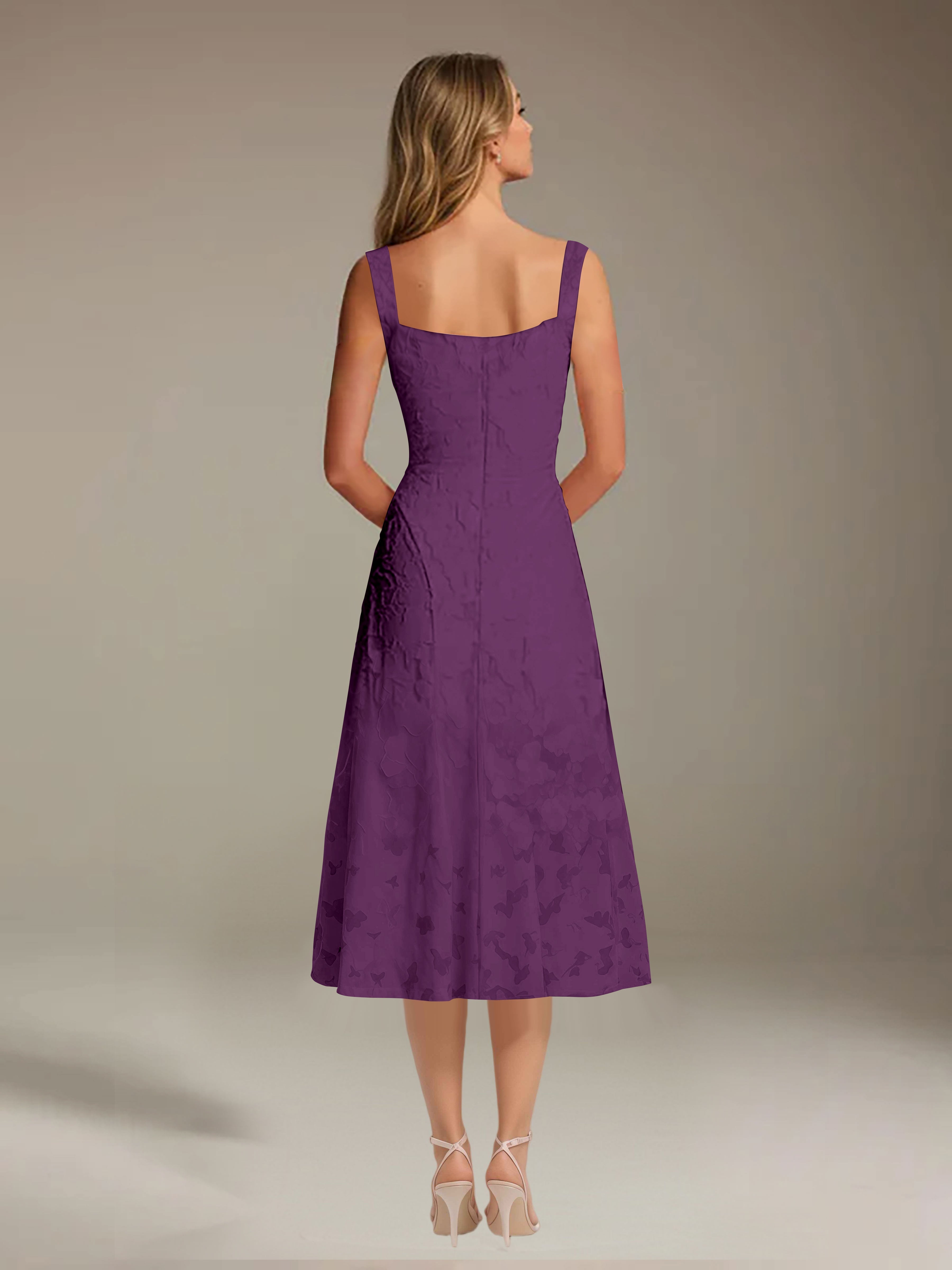 Vestido de encaje floreado de longitud media – línea A con escote cuadrado sin mangas, vestido formal para invitada de boda