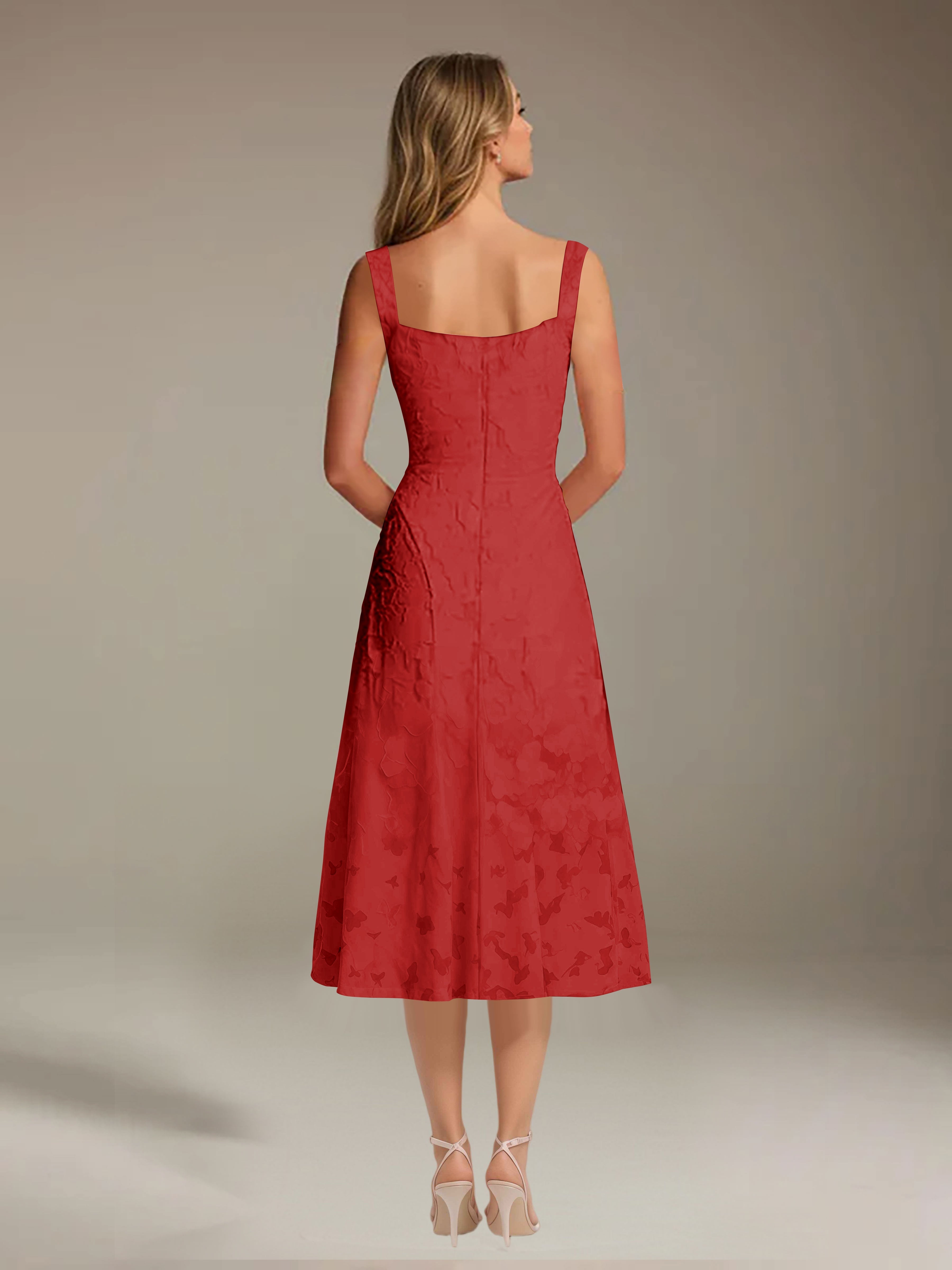 Vestido de encaje floreado de longitud media – línea A con escote cuadrado sin mangas, vestido formal para invitada de boda