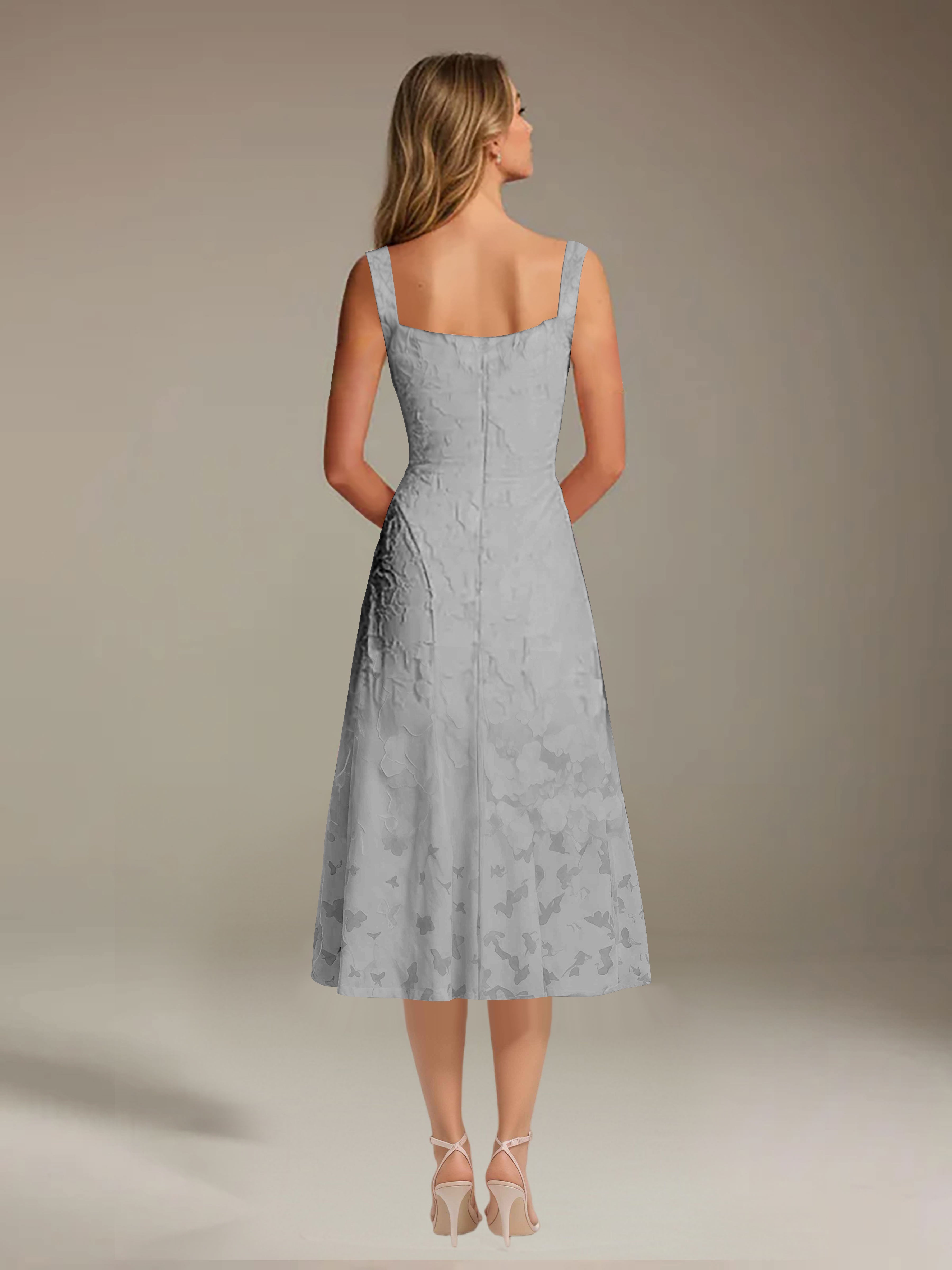 Vestido de encaje floreado de longitud media – línea A con escote cuadrado sin mangas, vestido formal para invitada de boda
