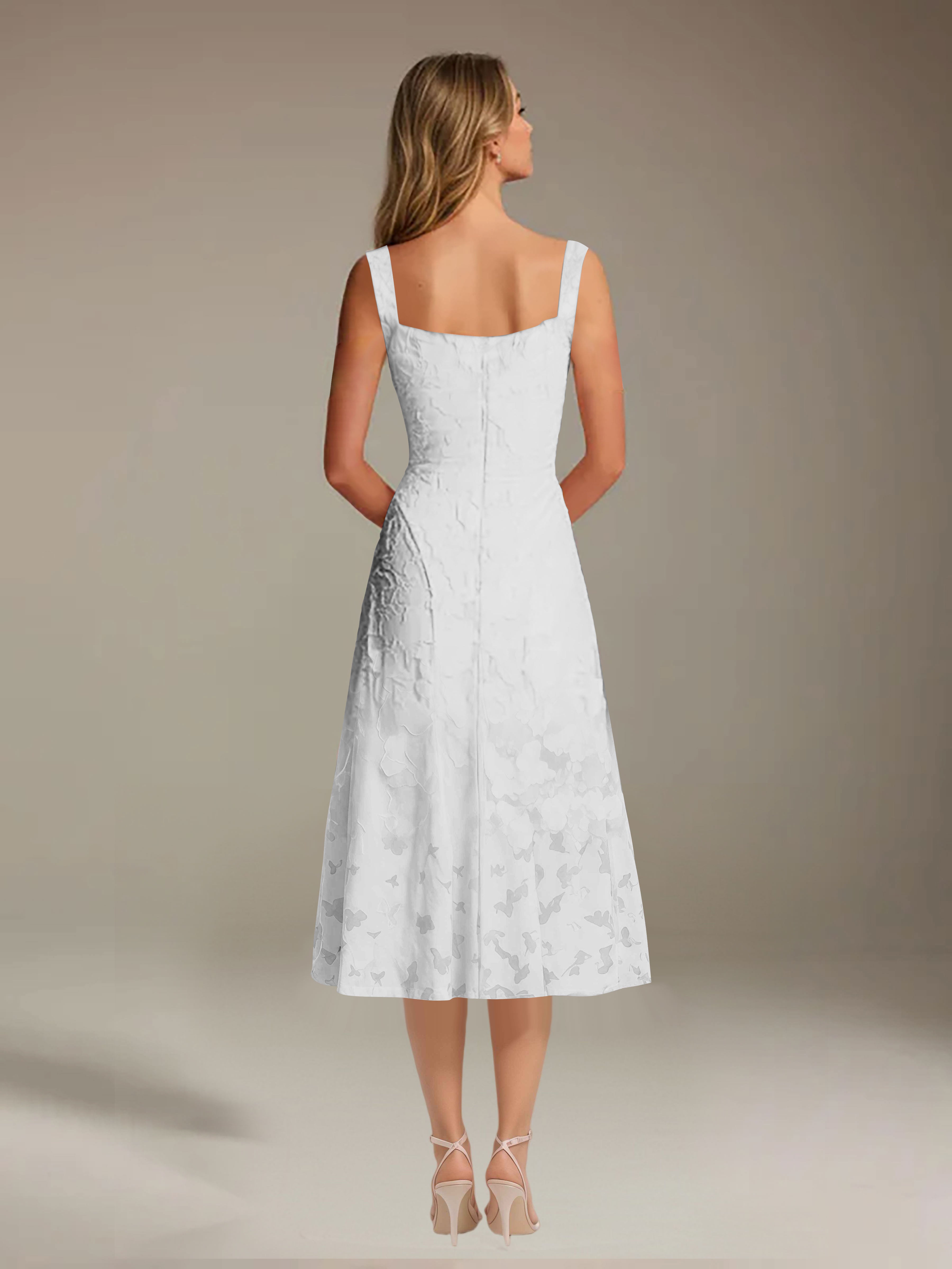 Vestido de encaje floreado de longitud media – línea A con escote cuadrado sin mangas, vestido formal para invitada de boda