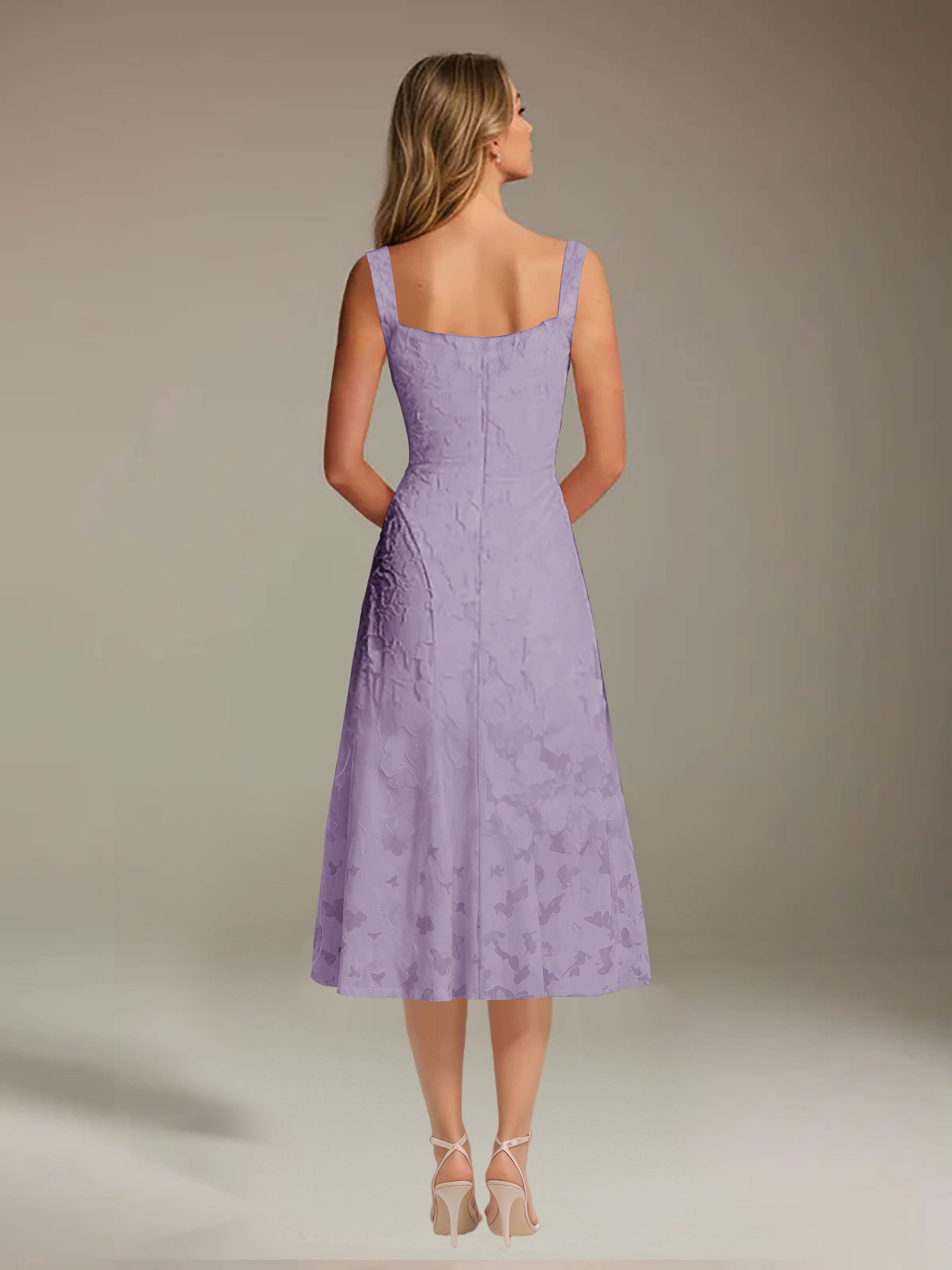 Vestido de encaje floreado de longitud media – línea A con escote cuadrado sin mangas, vestido formal para invitada de boda