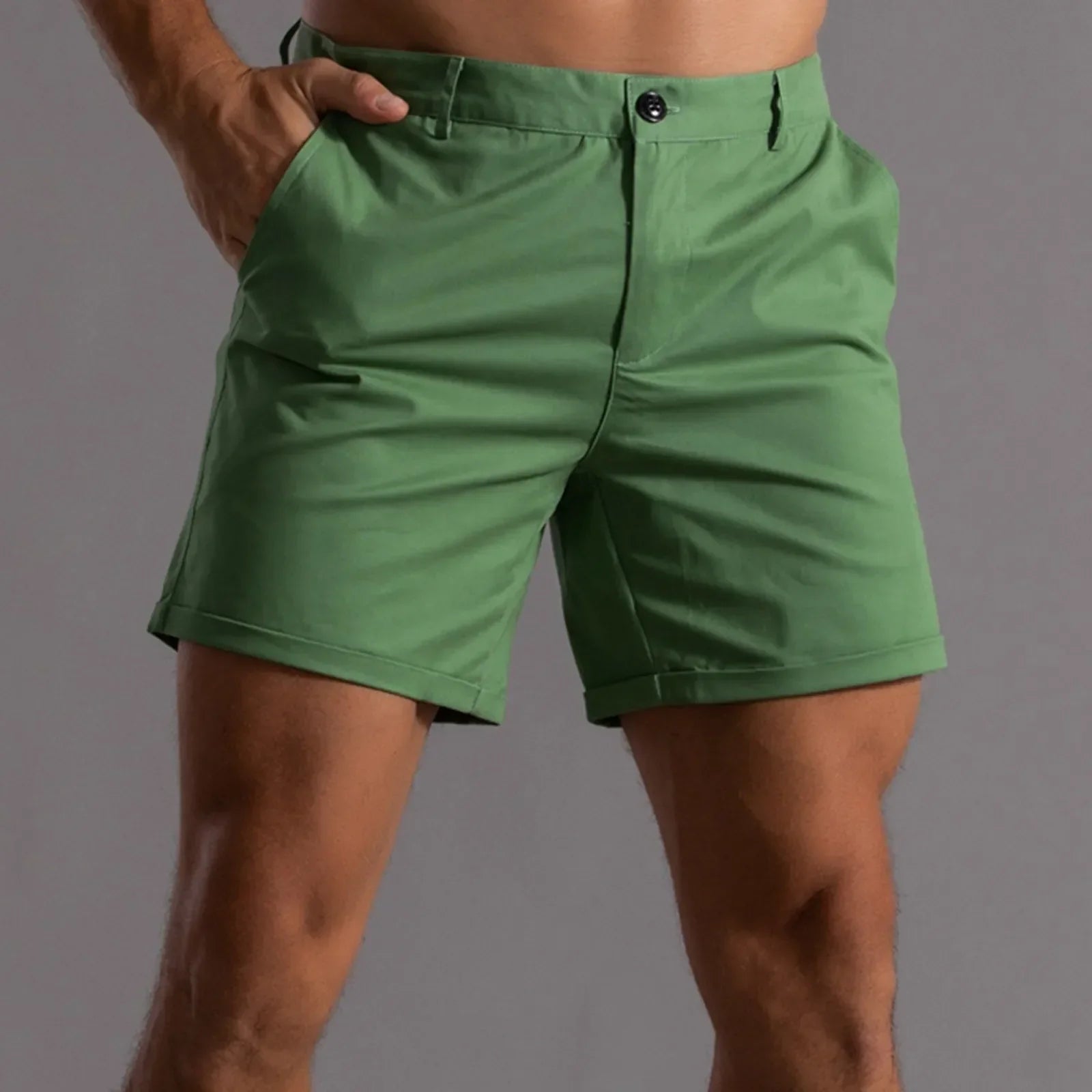 Pantalones cortos chino para hombre – Tejido elástico slim fit, cierre de botones