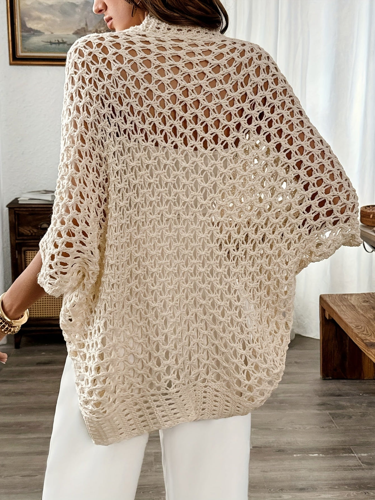 Beige Åben Strikcardigan til Kvinder med Brede Ærmer