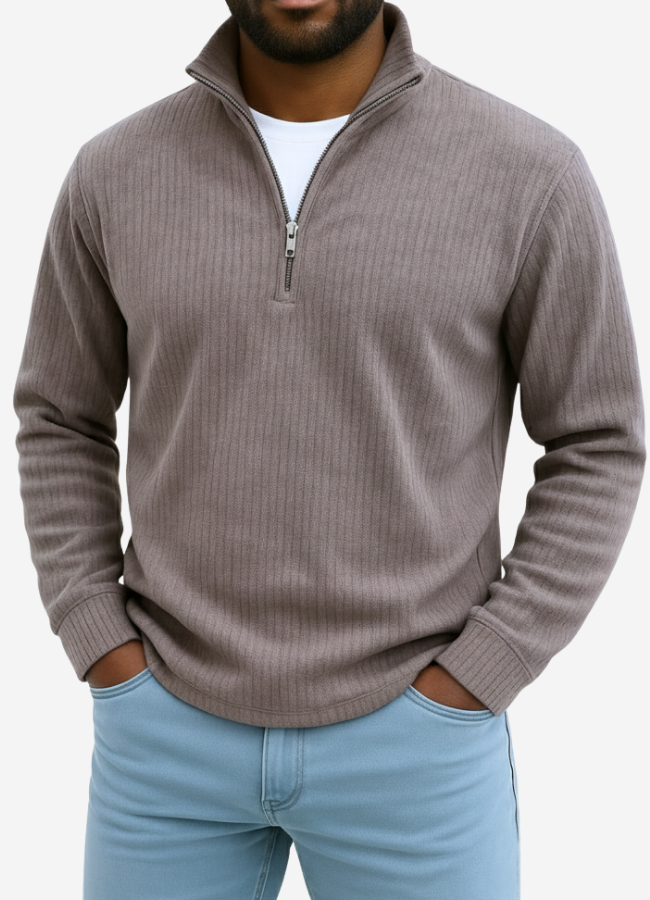 Herre Strikket Sweater med Halv Lynlås i Afslappet Pasform