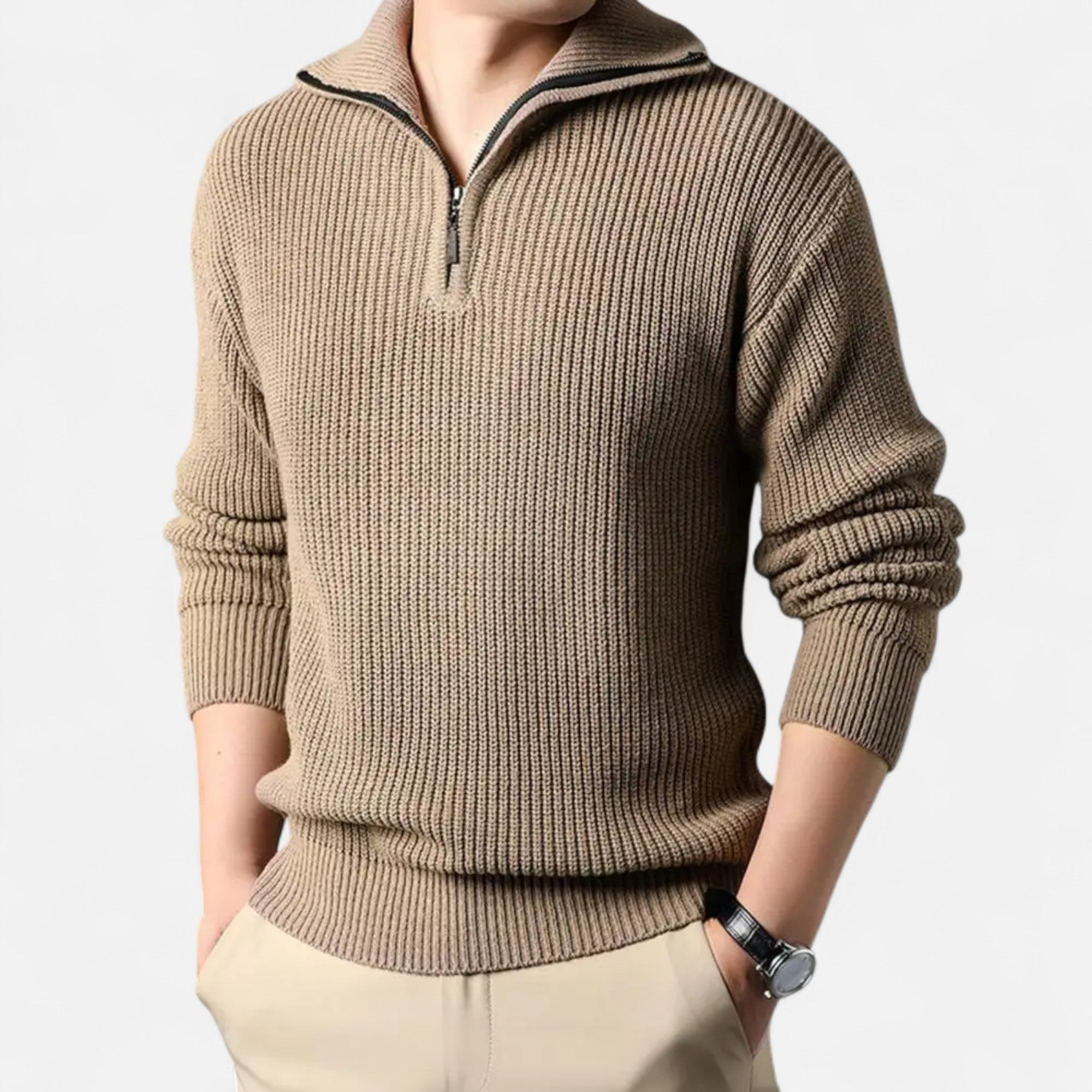 Mænds Ribstrikkede Half-Zip Uldblandingsstrik