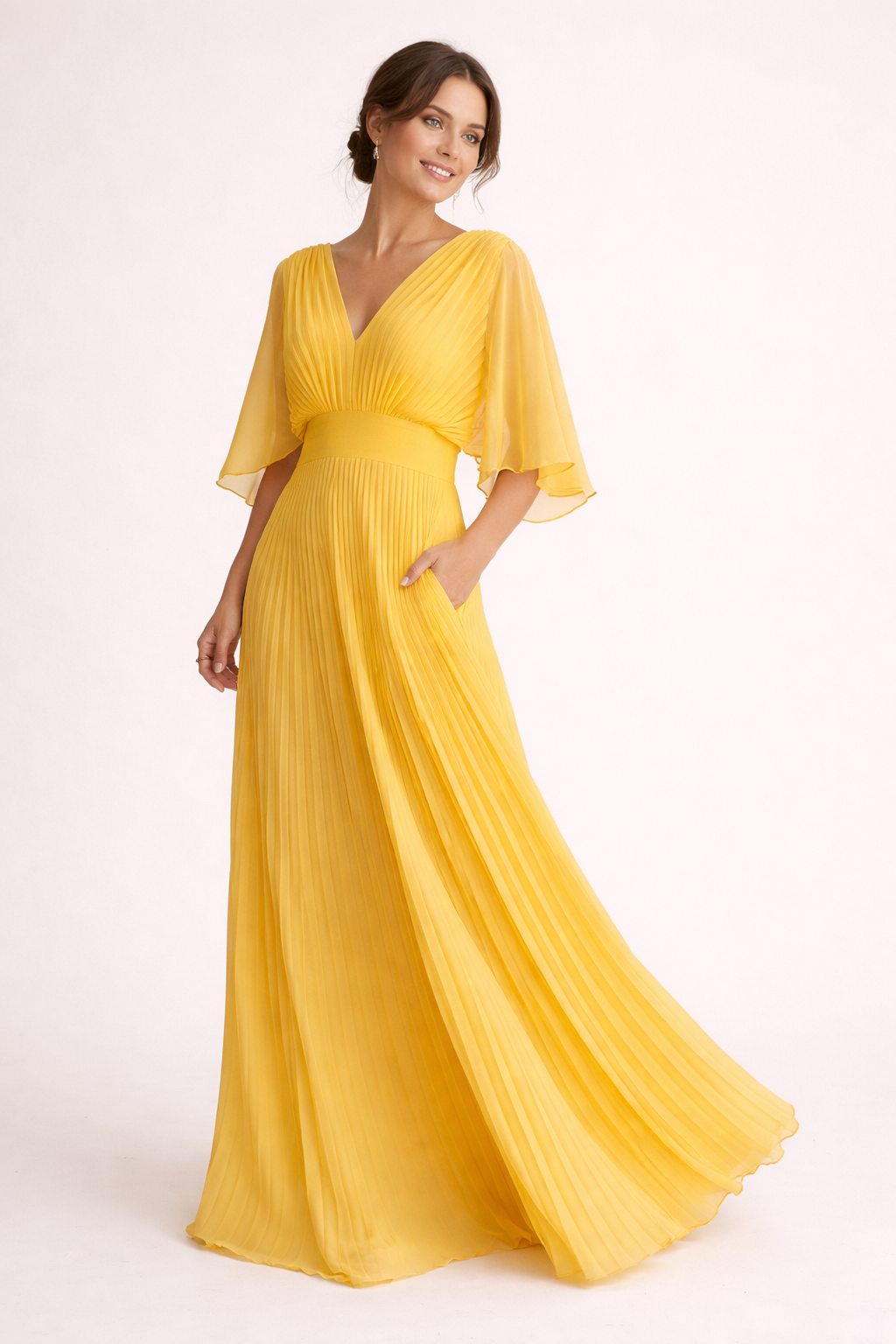 Vestido elegante plissado longo com mangas curtas e decote em V