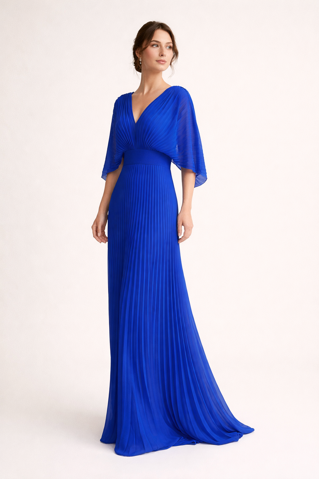 Vestido elegante plissado longo com mangas curtas e decote em V