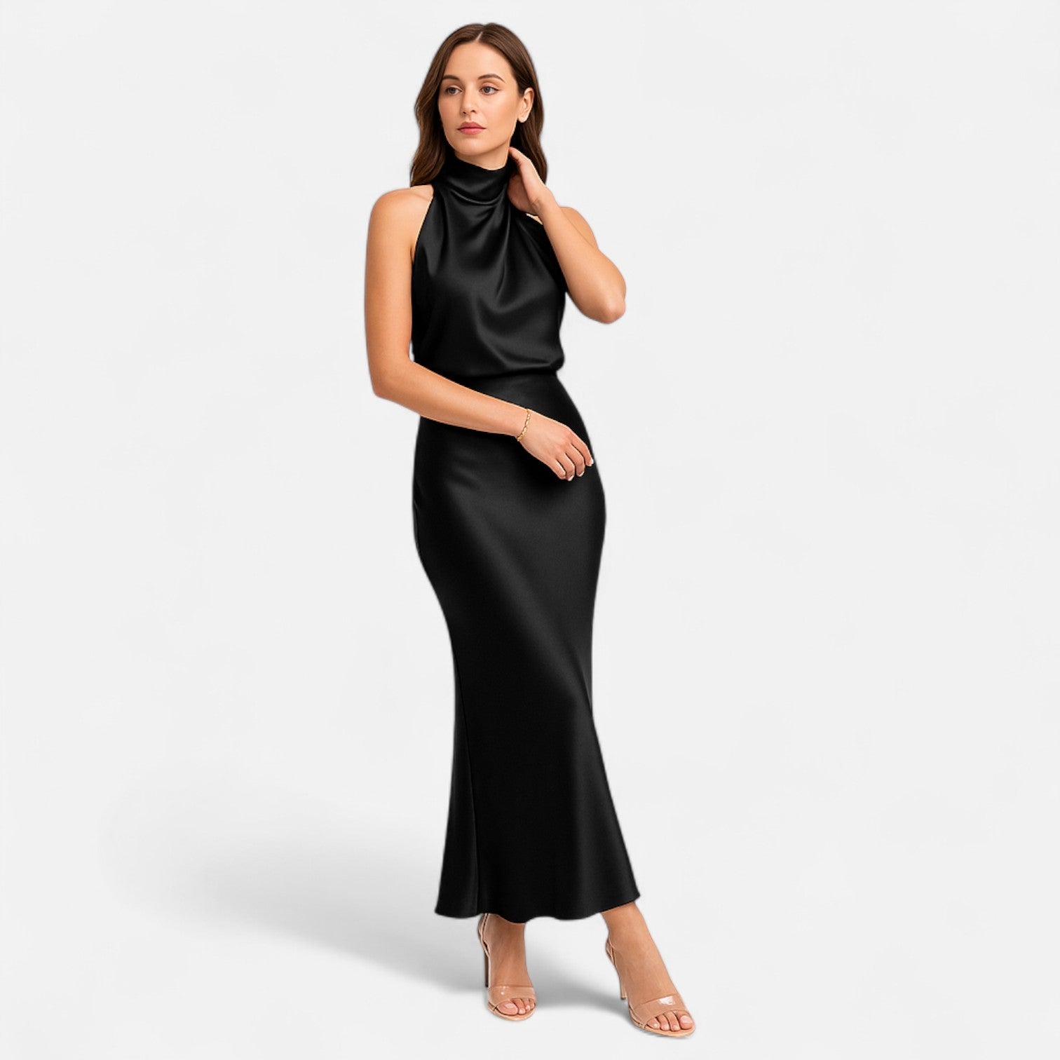 Vestido longo de cetim para senhora, corte em A, sem mangas