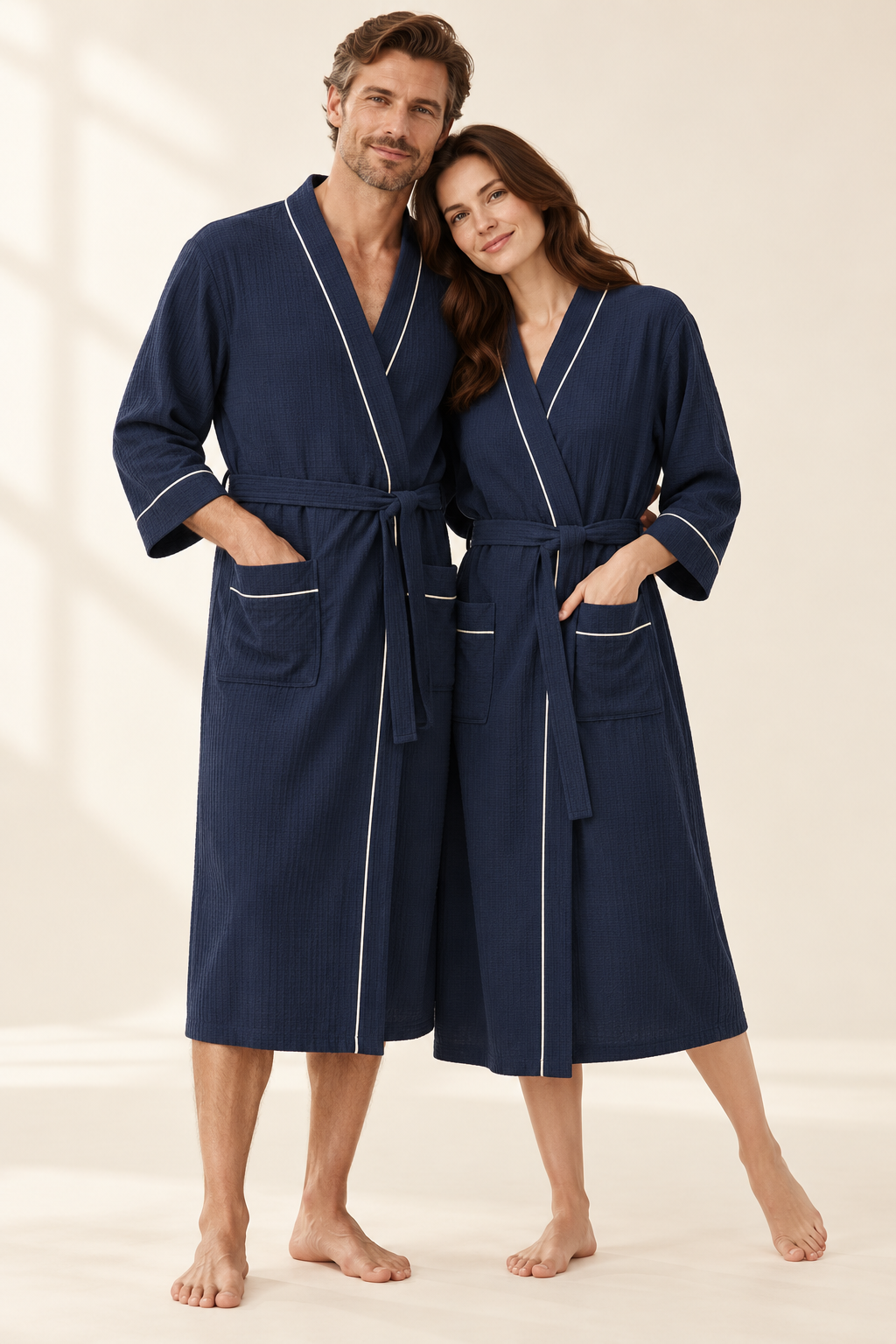 Matchende Vaffelvævede Morgenkåber til Par med Kimono-Snit