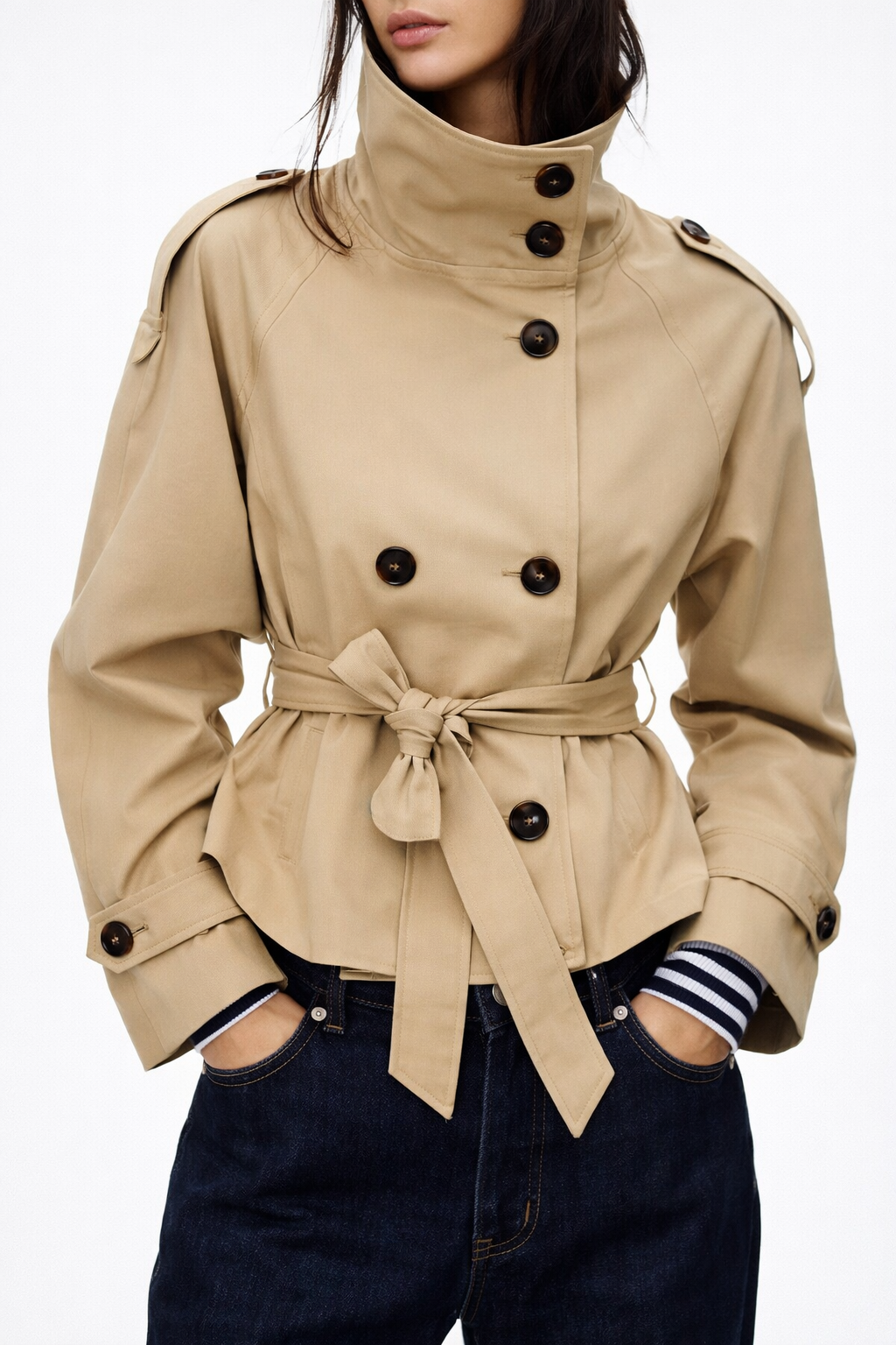 Beige double-breasted trench coat for women