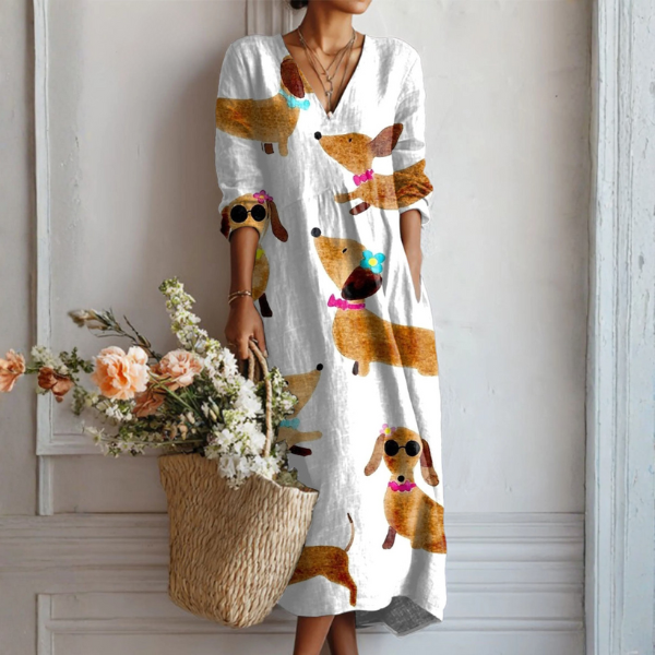 Boho Midi Kjole i Hørlook med Print til Dame