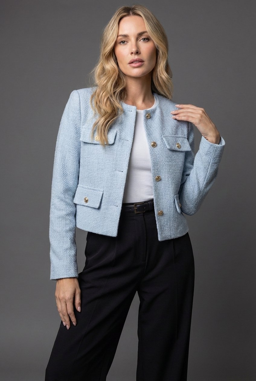 Kort Tweedblazer til Kvinder med Guldfarvede Knapper