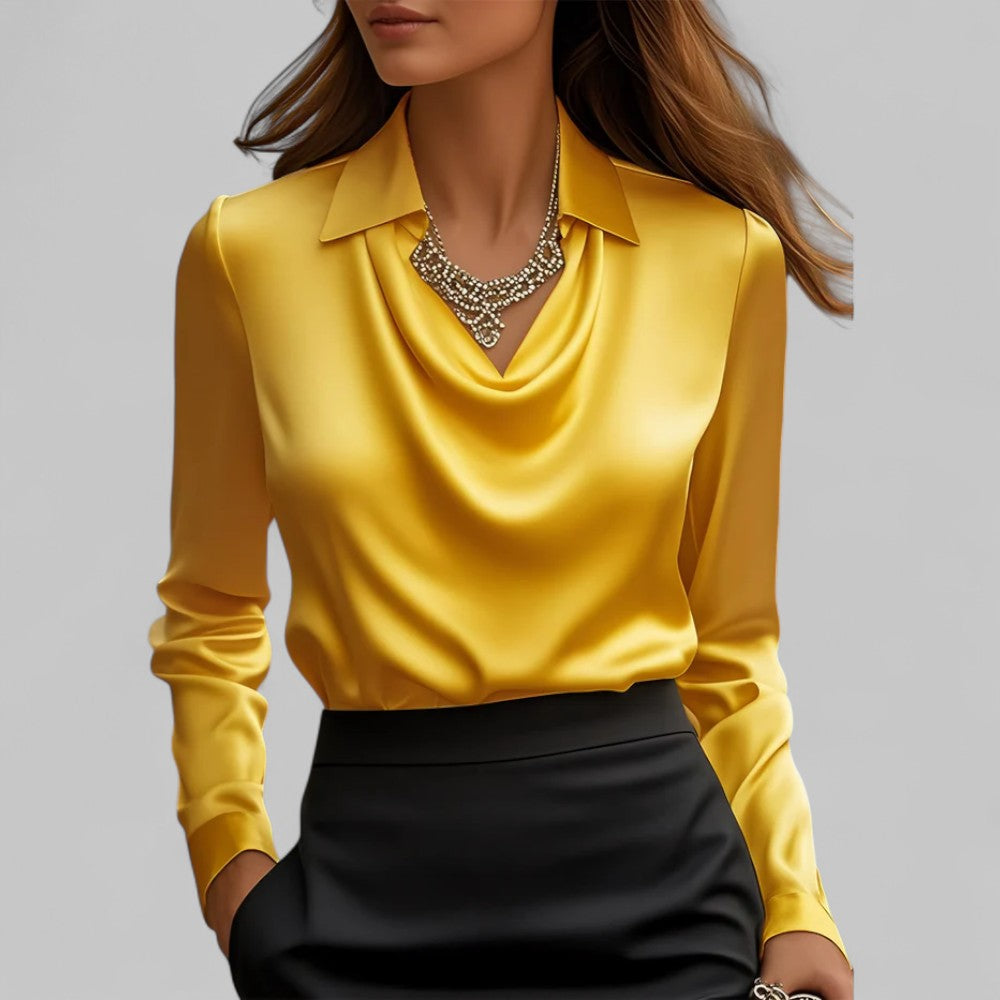 Elegant Satinbluse til Kvinder med Draperet Halsudskæring og Krave