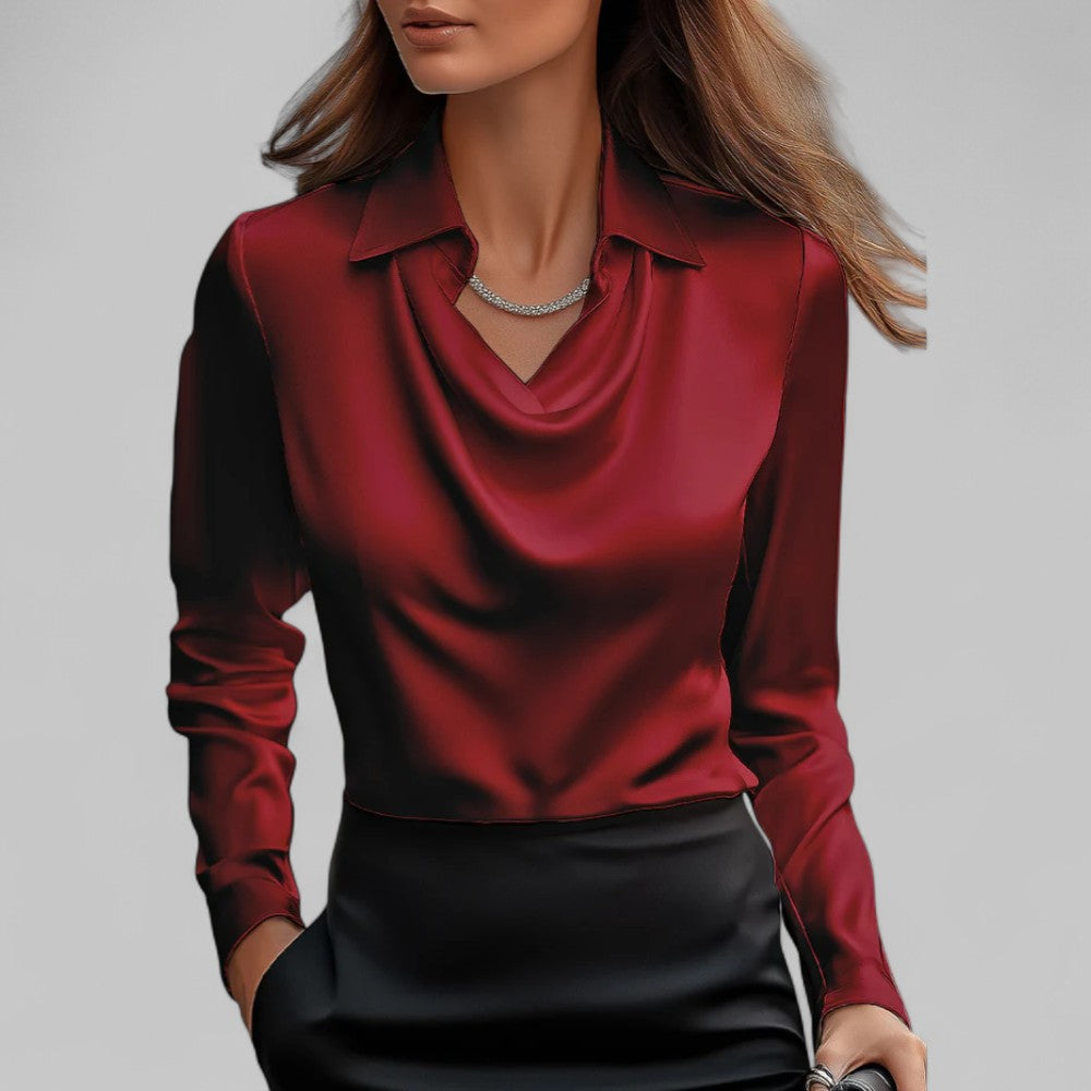Elegant Satinbluse til Kvinder med Draperet Halsudskæring og Krave