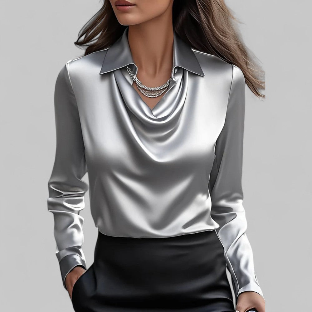 Elegant Satinbluse til Kvinder med Draperet Halsudskæring og Krave