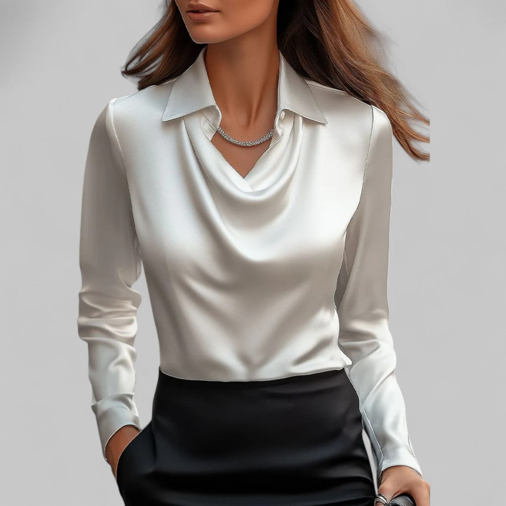 Elegant Satinbluse til Kvinder med Draperet Halsudskæring og Krave