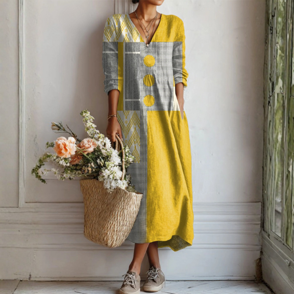 Boho Midi Kjole i Hørlook med Print til Dame