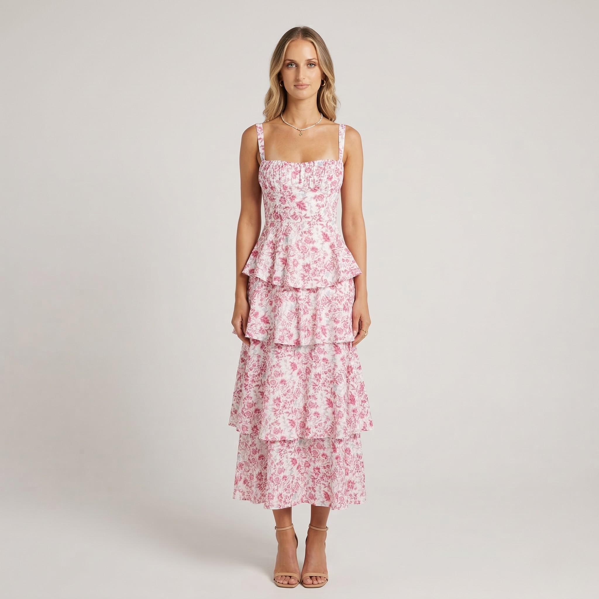 Damska kwiecista sukienka maxi na ramiączkach, letnia sukienka z warstwową spódnicą i falbanami