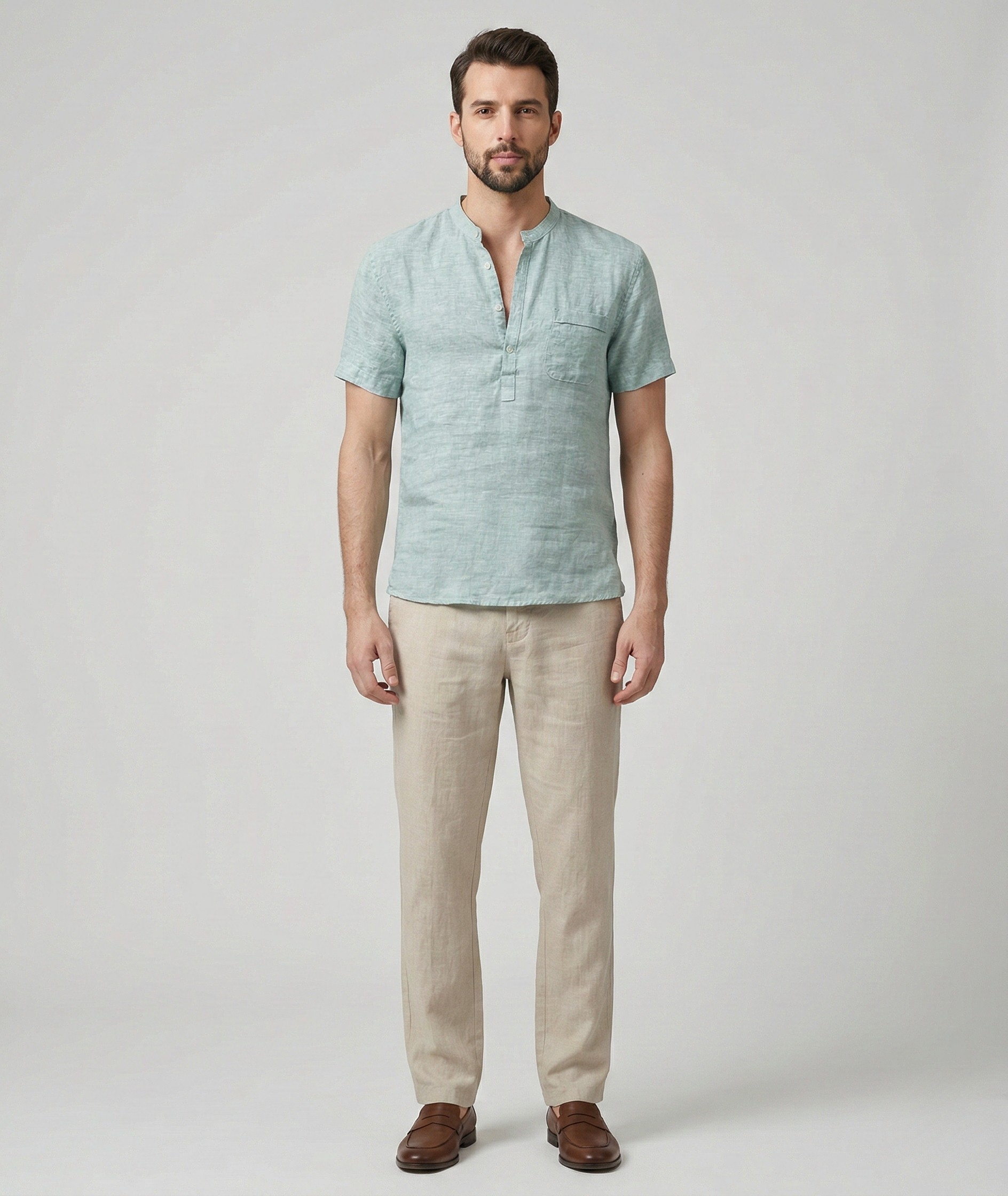 Koszula męska z krótkim rękawem z bawełny i lnu z zapięciem na guziki, krój casual