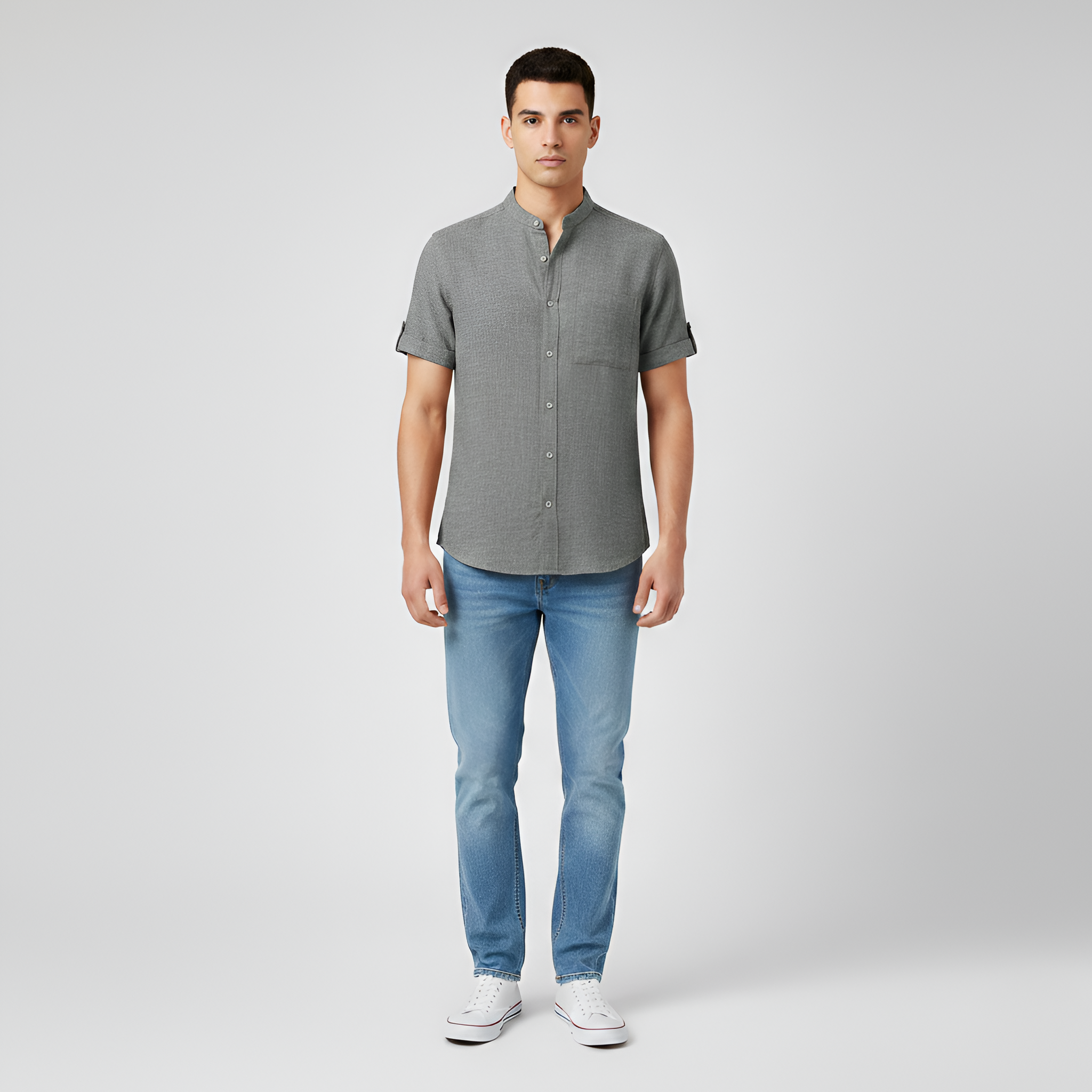 Camisa de lino para hombre de manga corta con botones y bolsillo en el pecho