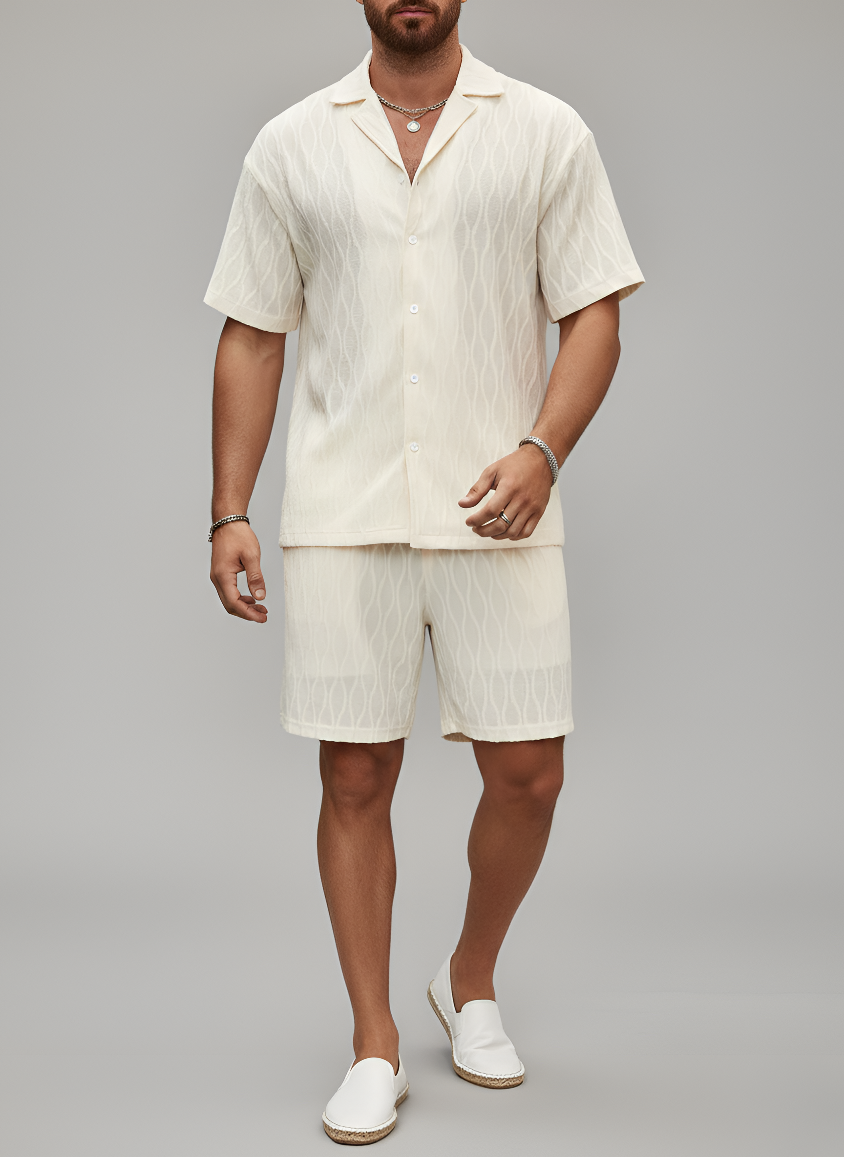 Conjunto de verano para hombre en algodón – camisa de manga corta y pantalones cortos con textura