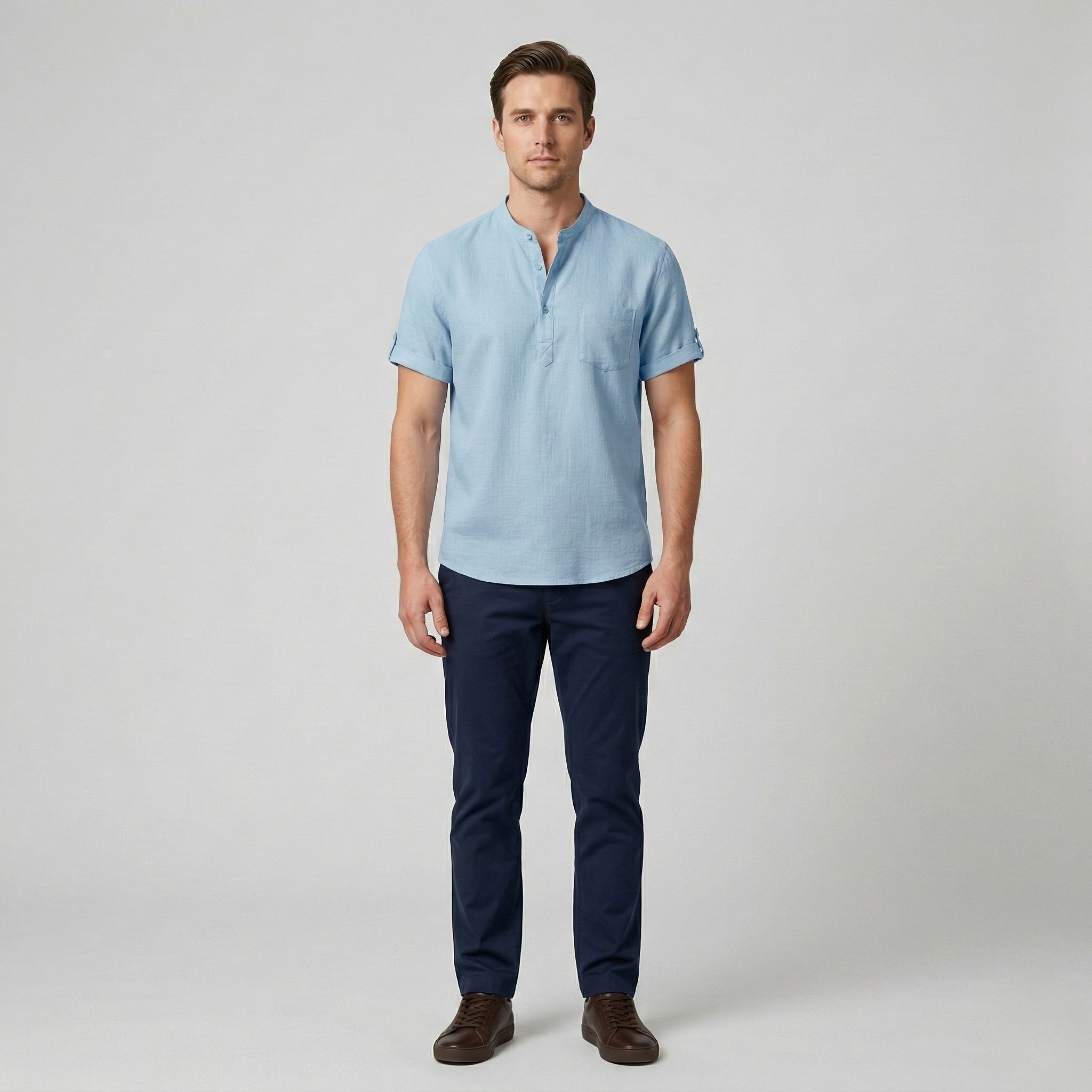 Camicia Henley da Uomo in Cotone e Lino Manica Corta Traspirante Casual con Tasca Top da Spiaggia