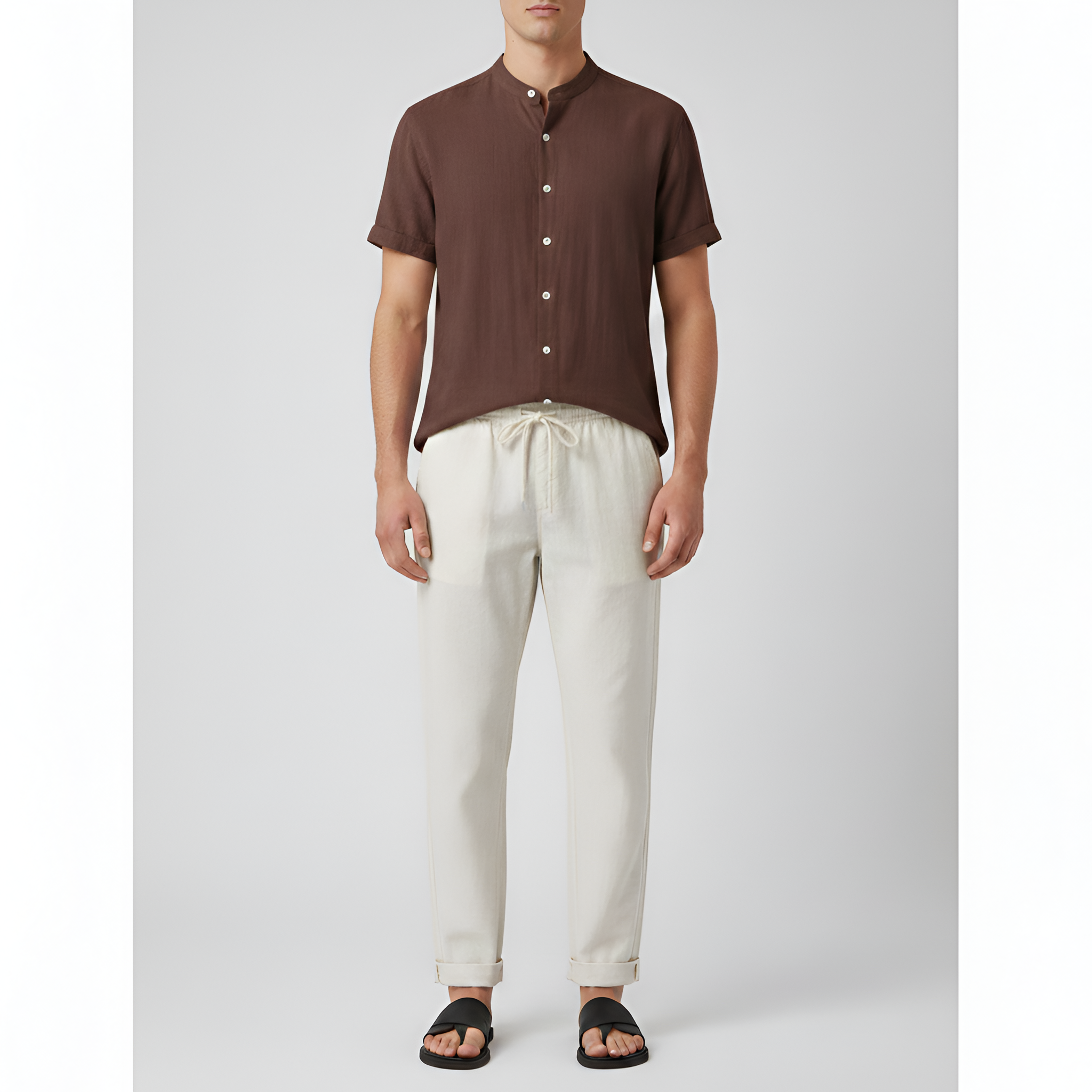 Camisa de hombre de manga corta con cuello mandarín – camisa ligera de verano con botones