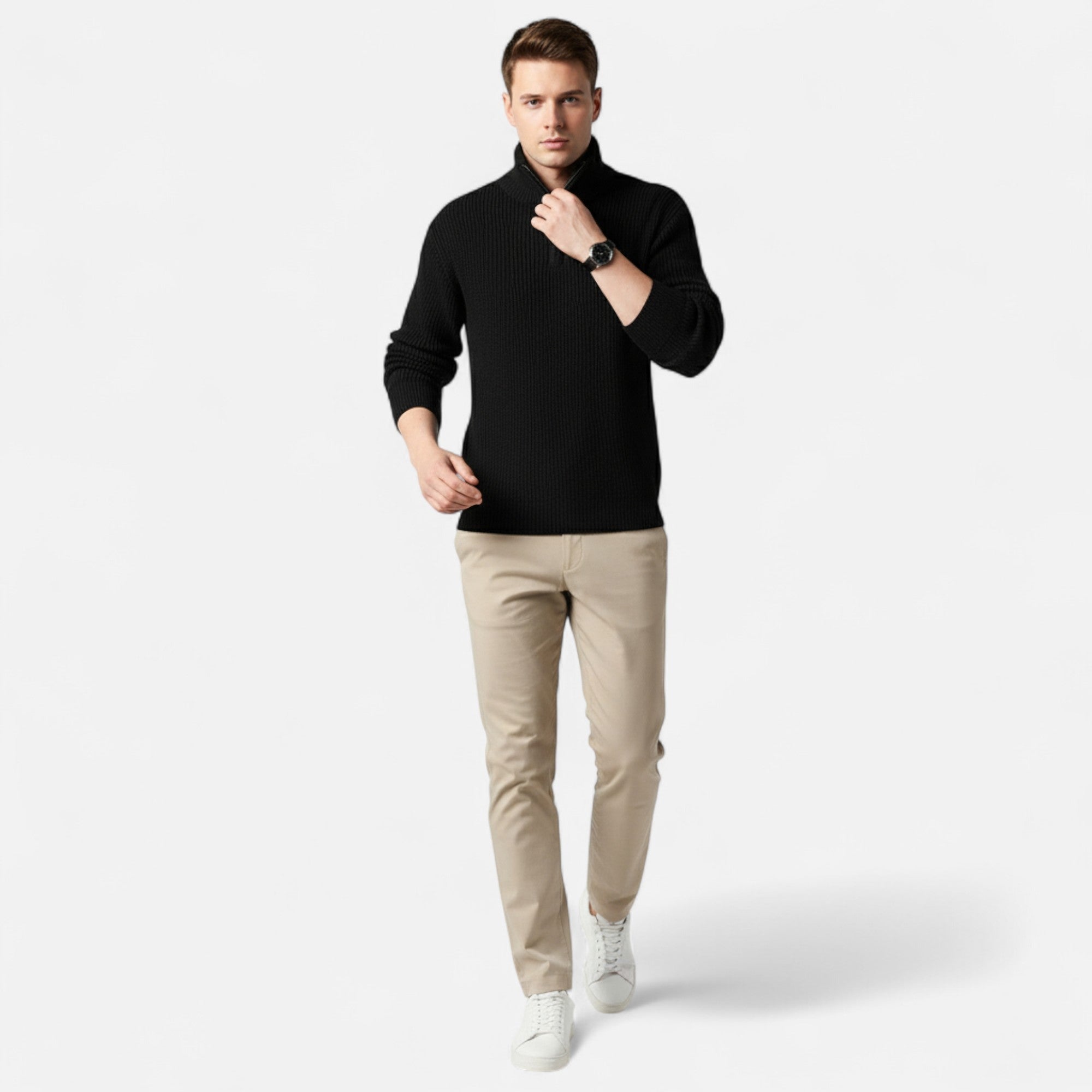 Mænds Ribstrikkede Half-Zip Uldblandingsstrik