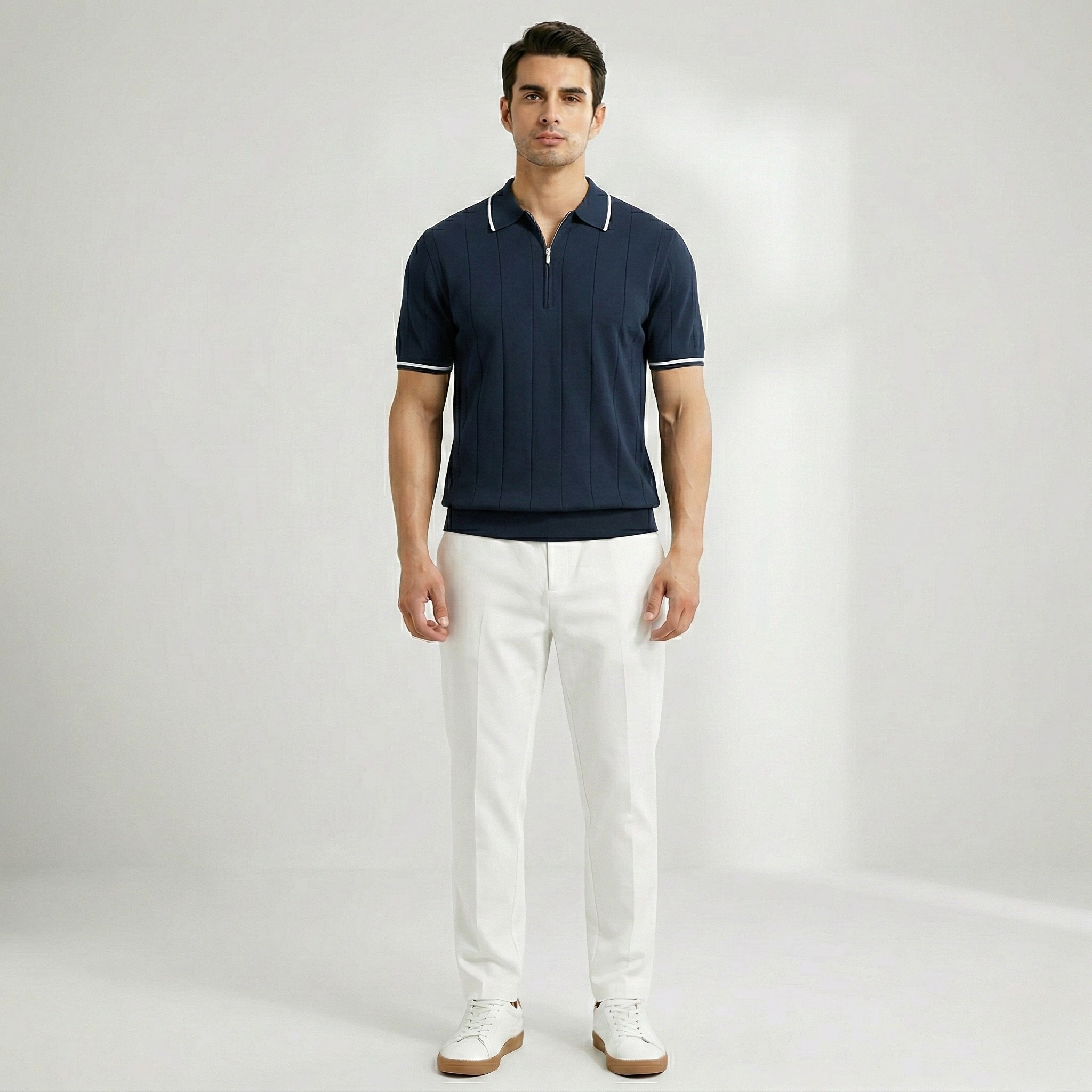 Herre-poloshirt med korte ærmer, lynlås og klassisk krave, slim fit