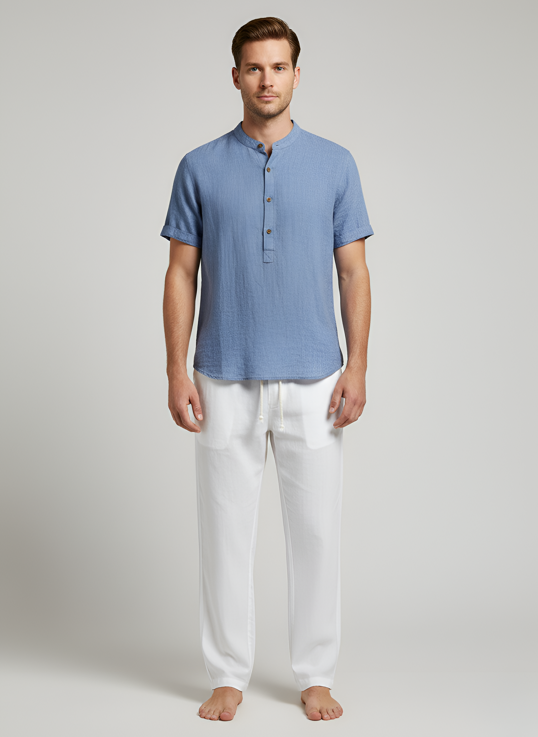 Camisa de lino para hombre con cuello mandarín y mangas cortas en calidad transpirable