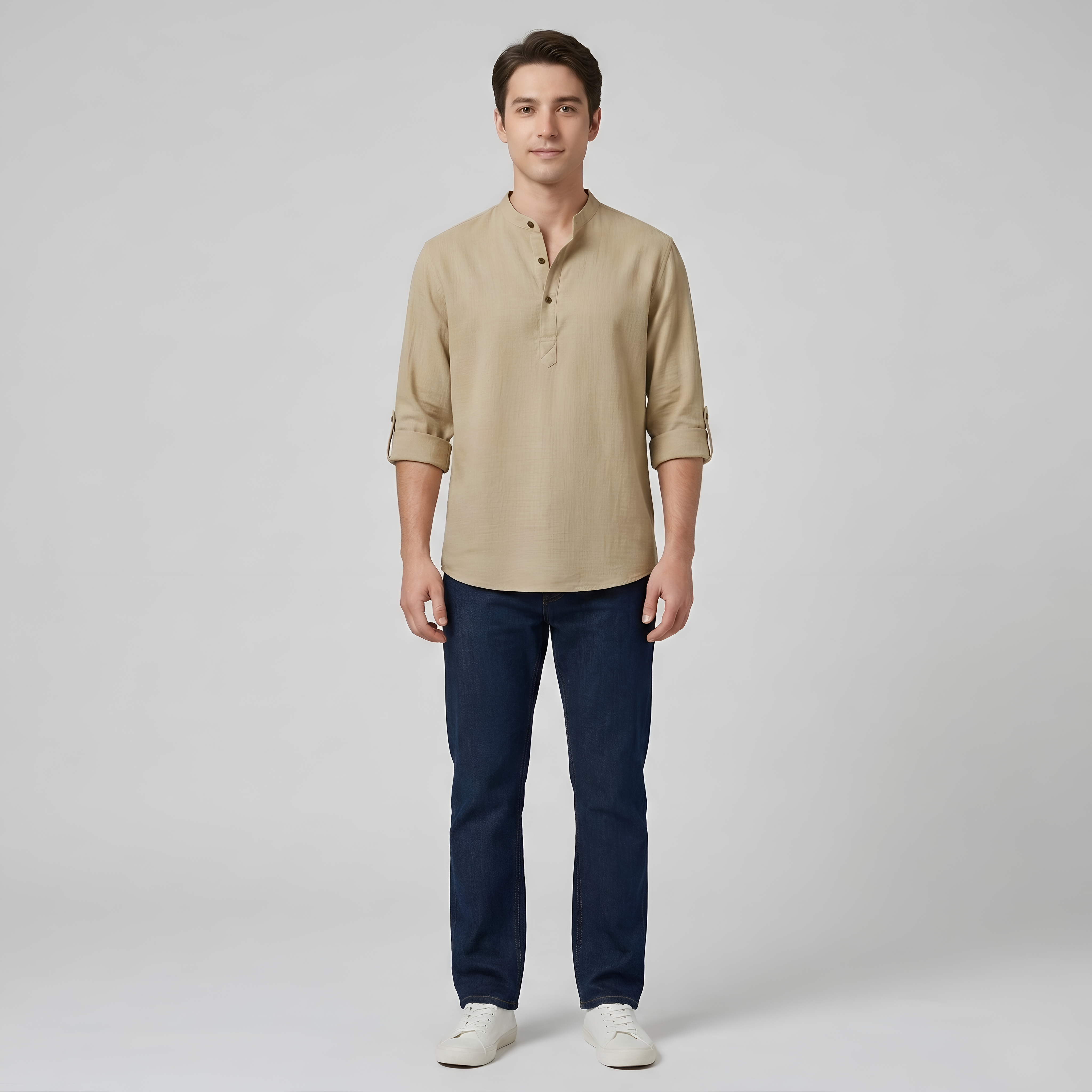 Herreskjorte i bomuld med kinakrave og lange ærmer casual skjorte til mænd