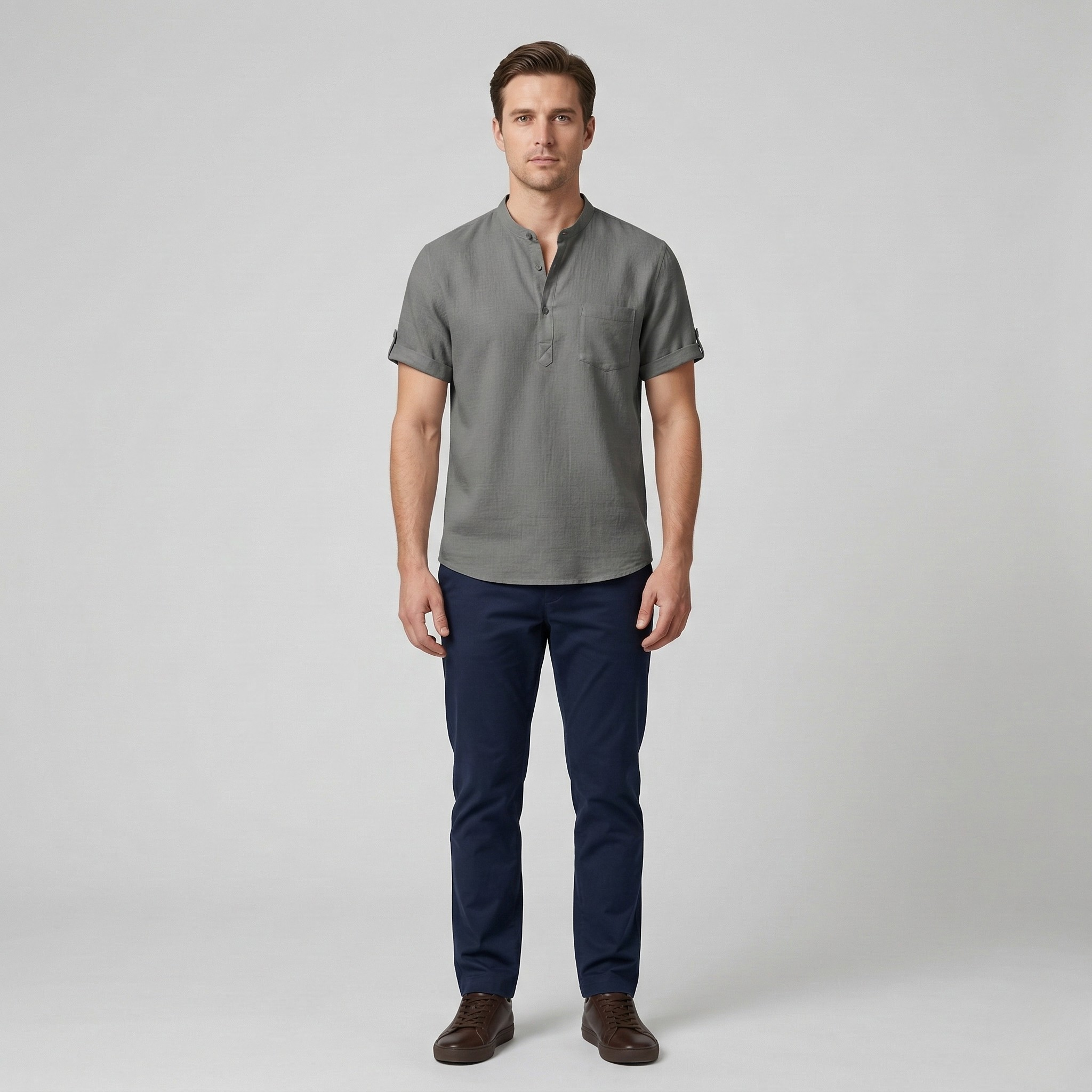 Camicia Henley da Uomo in Cotone e Lino Manica Corta Traspirante Casual con Tasca Top da Spiaggia