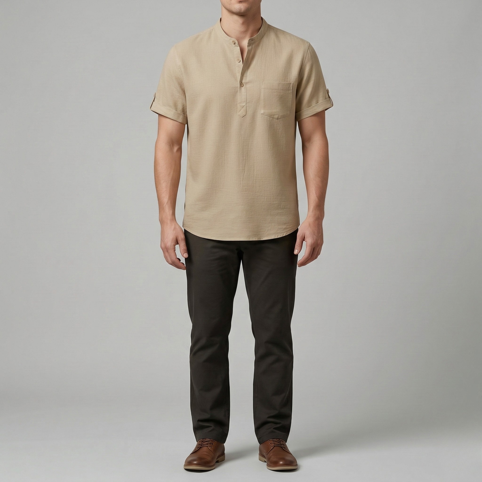 Camicia Henley da Uomo in Cotone e Lino Manica Corta Traspirante Casual con Tasca Top da Spiaggia