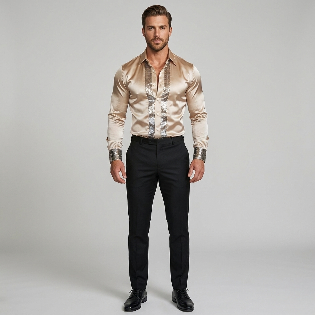 Camisa de fiesta con lentejuelas y cierre de botones, camisa slim fit para hombre