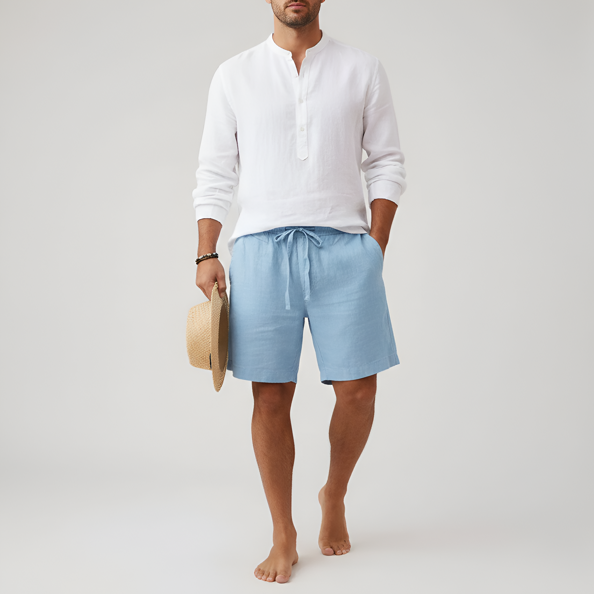 Pantalones cortos de lino para hombre con cintura elástica y cordón para el verano