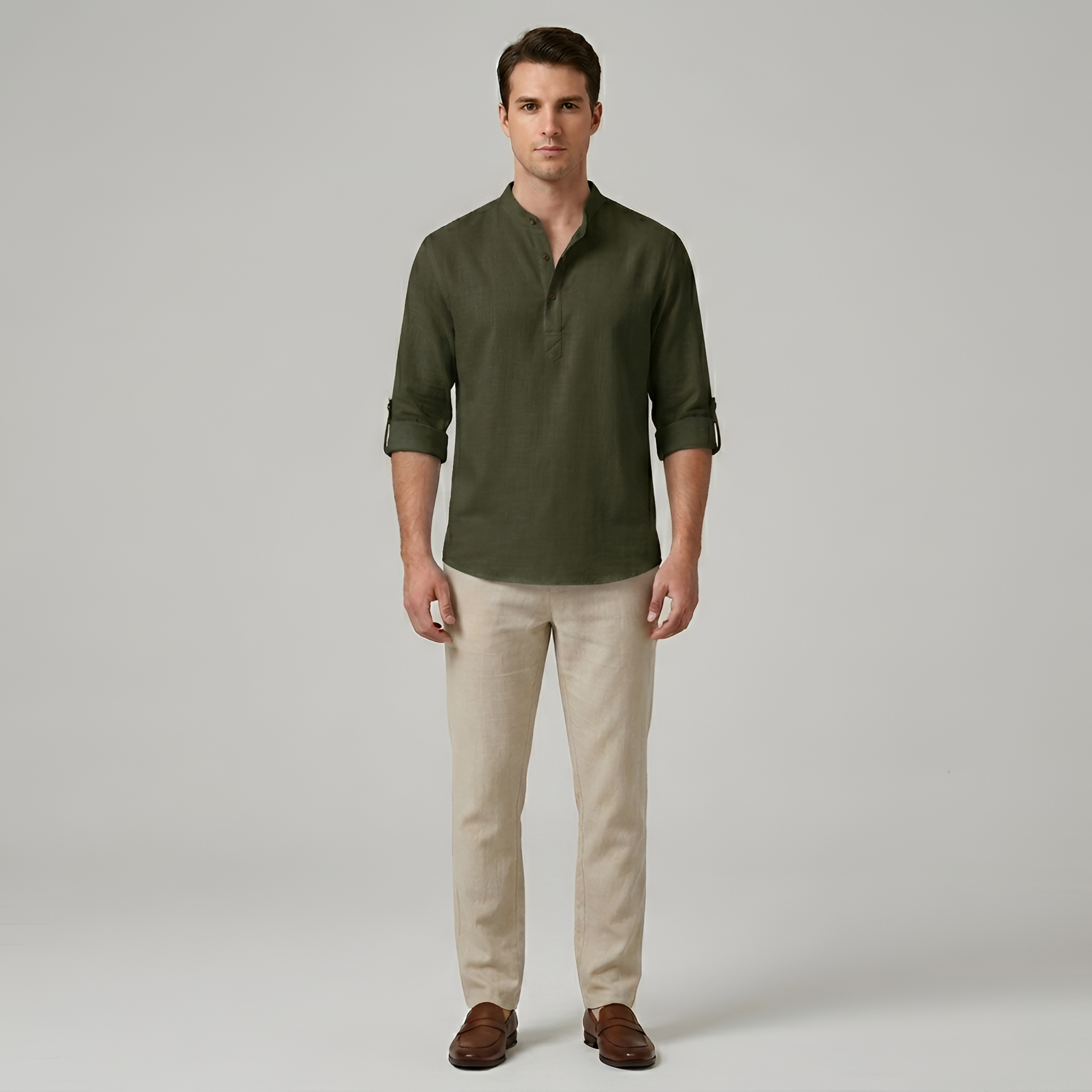 Koszula męska bawełniana z kołnierzem typu stójka i długimi rękawami, koszula casual