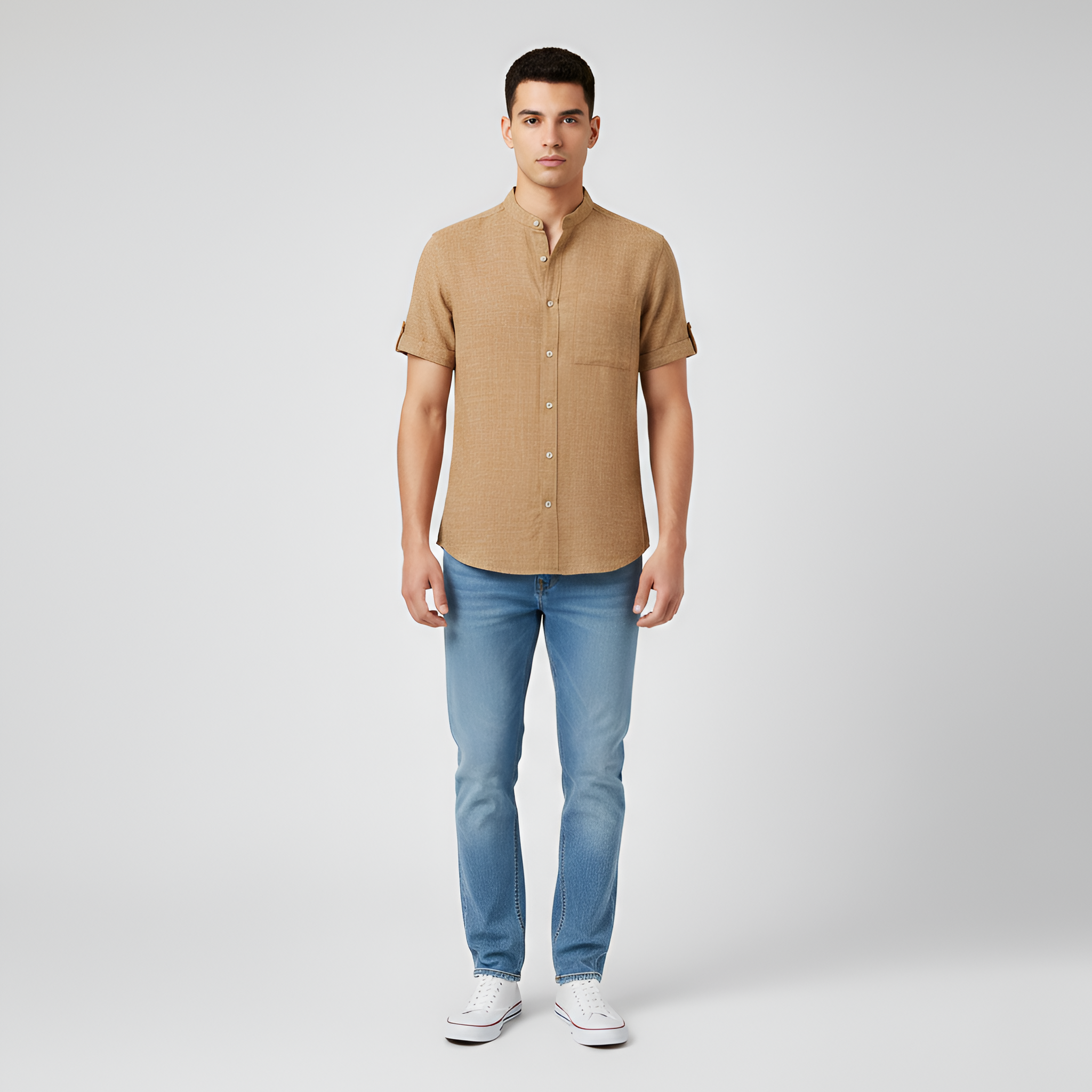 Camisa de lino para hombre de manga corta con botones y bolsillo en el pecho