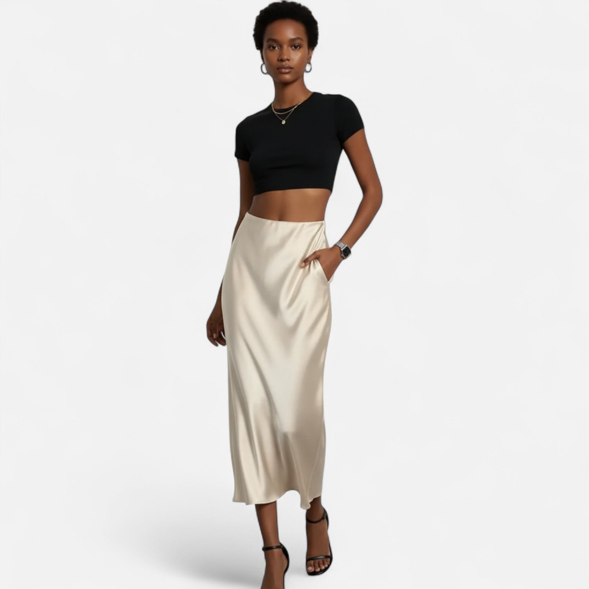 Women's High-Waisted Satin Midi Skirt