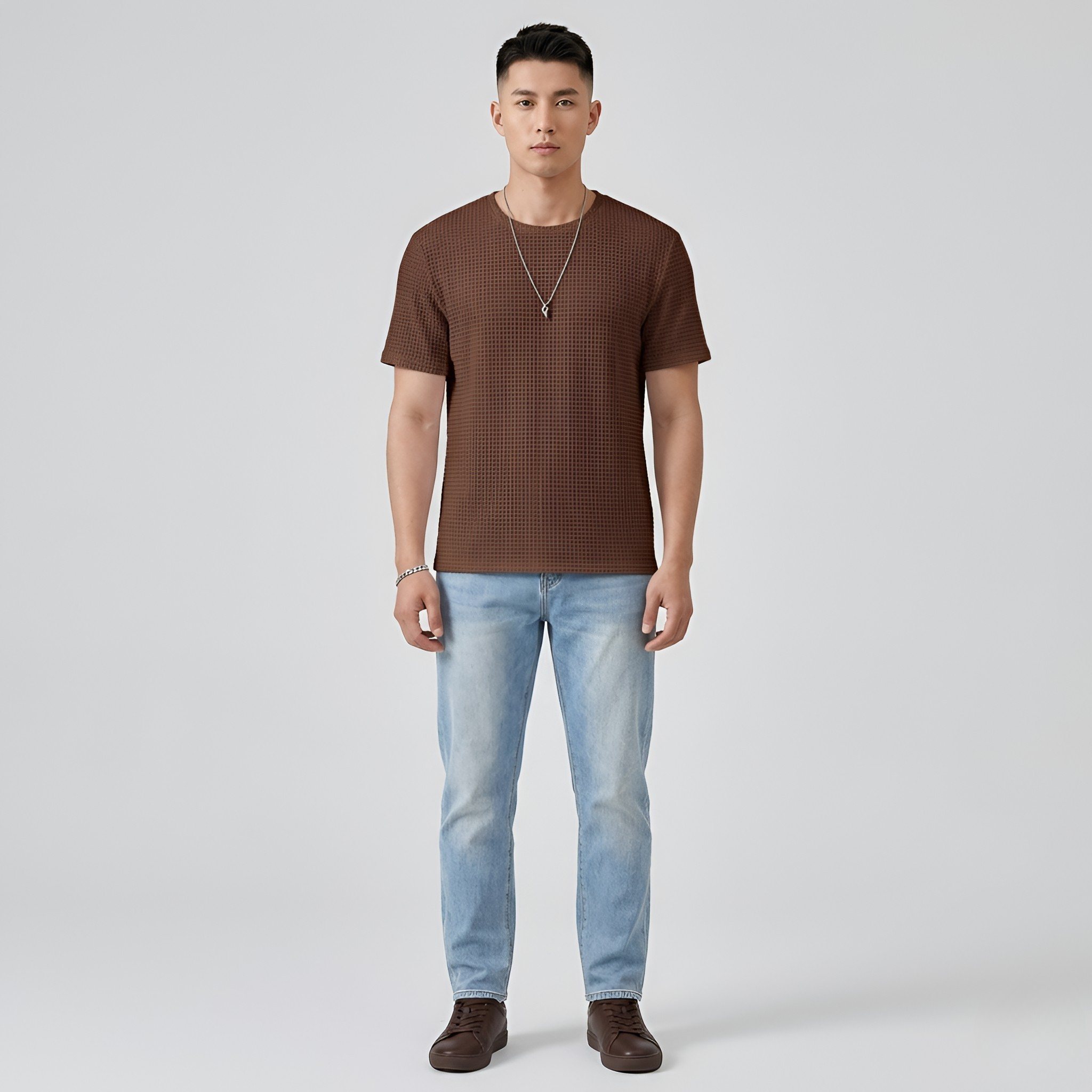 Męski T-shirt z bawełny, krótki rękaw, strukturalny, z okrągłym dekoltem, luźny krój