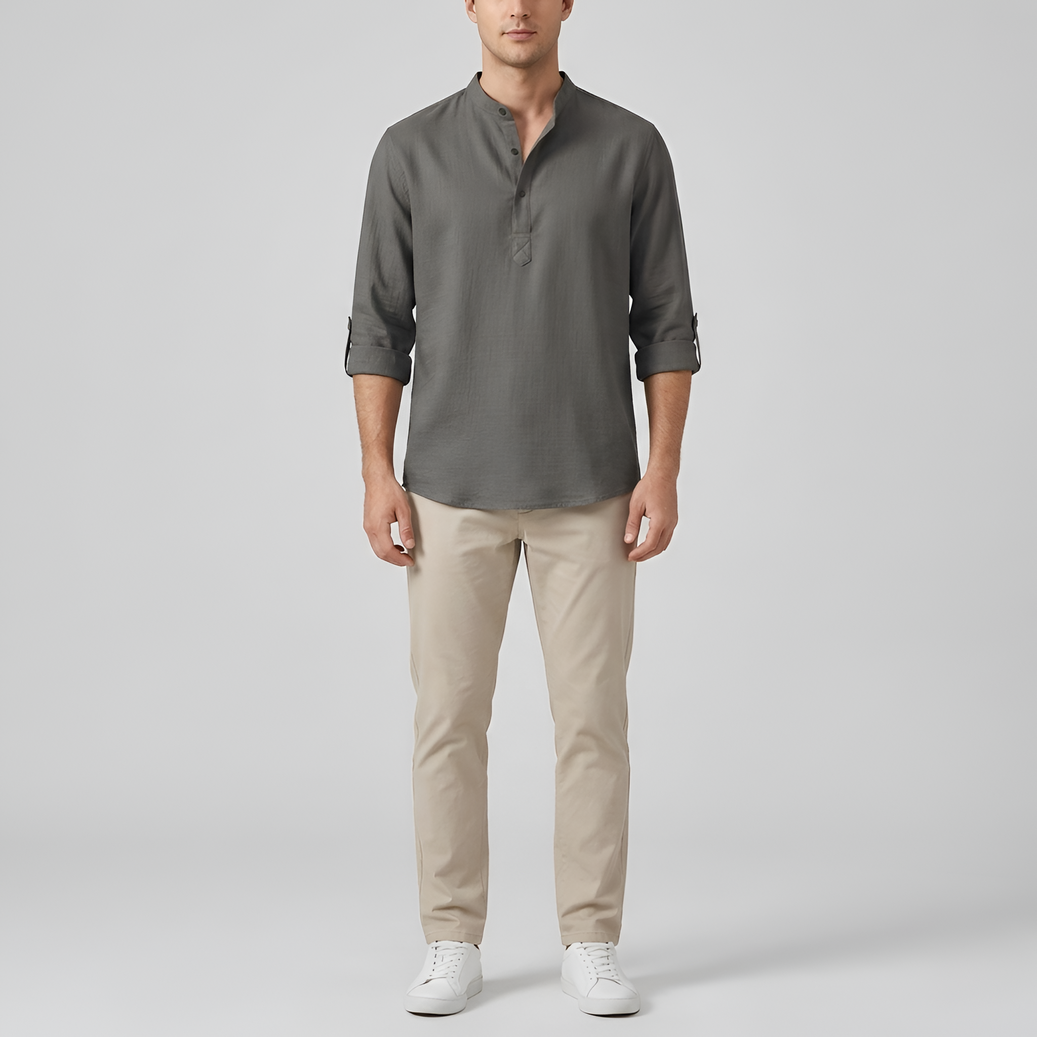 Koszula męska bawełniana z kołnierzem typu stójka i długimi rękawami, koszula casual